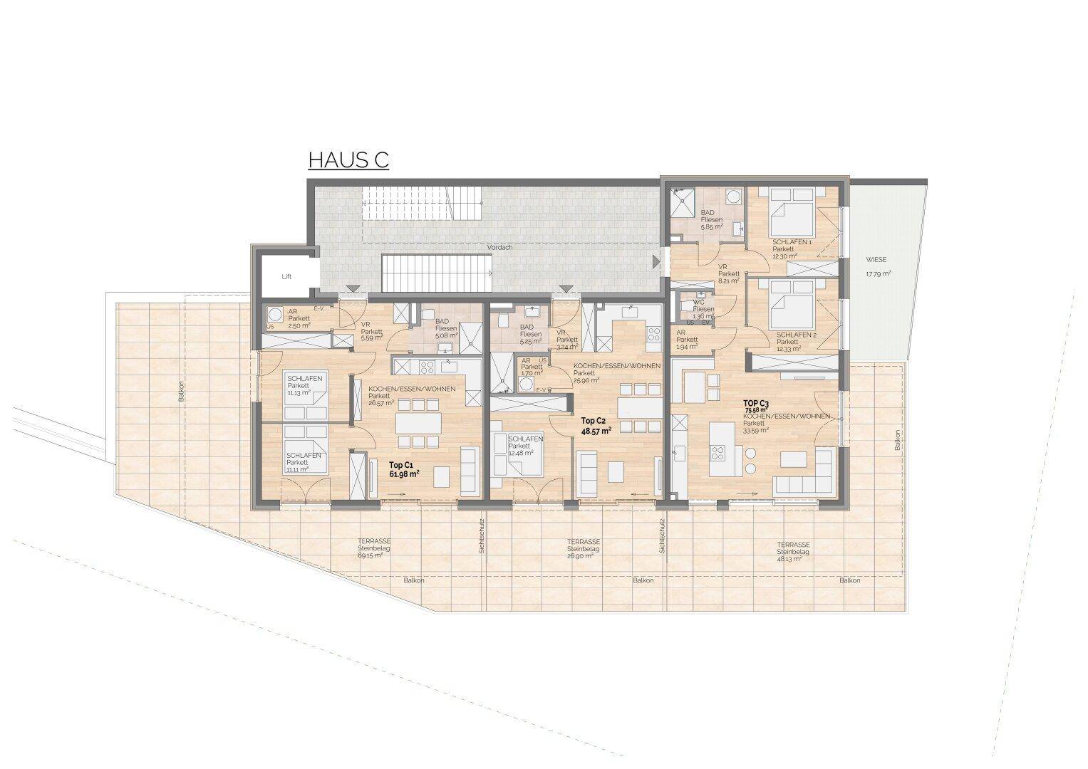 Grundriss des Hauses C mit mehreren Wohneinheiten, jeweils mit offener Wohnküche, Terrassen und Balkonen.