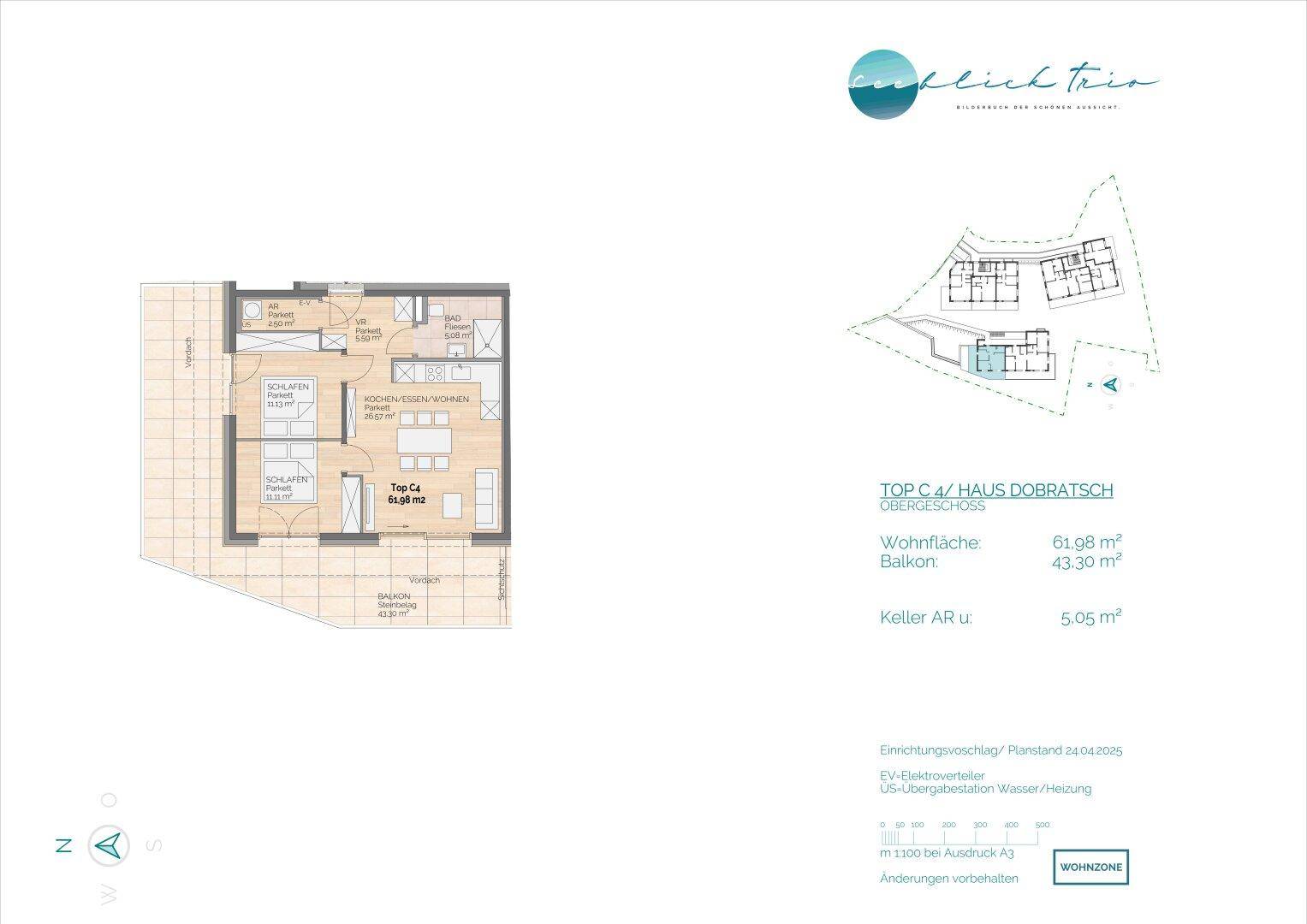 Grundriss einer Wohnung mit offenem Wohnbereich, zwei Schlafzimmern und Balkon.