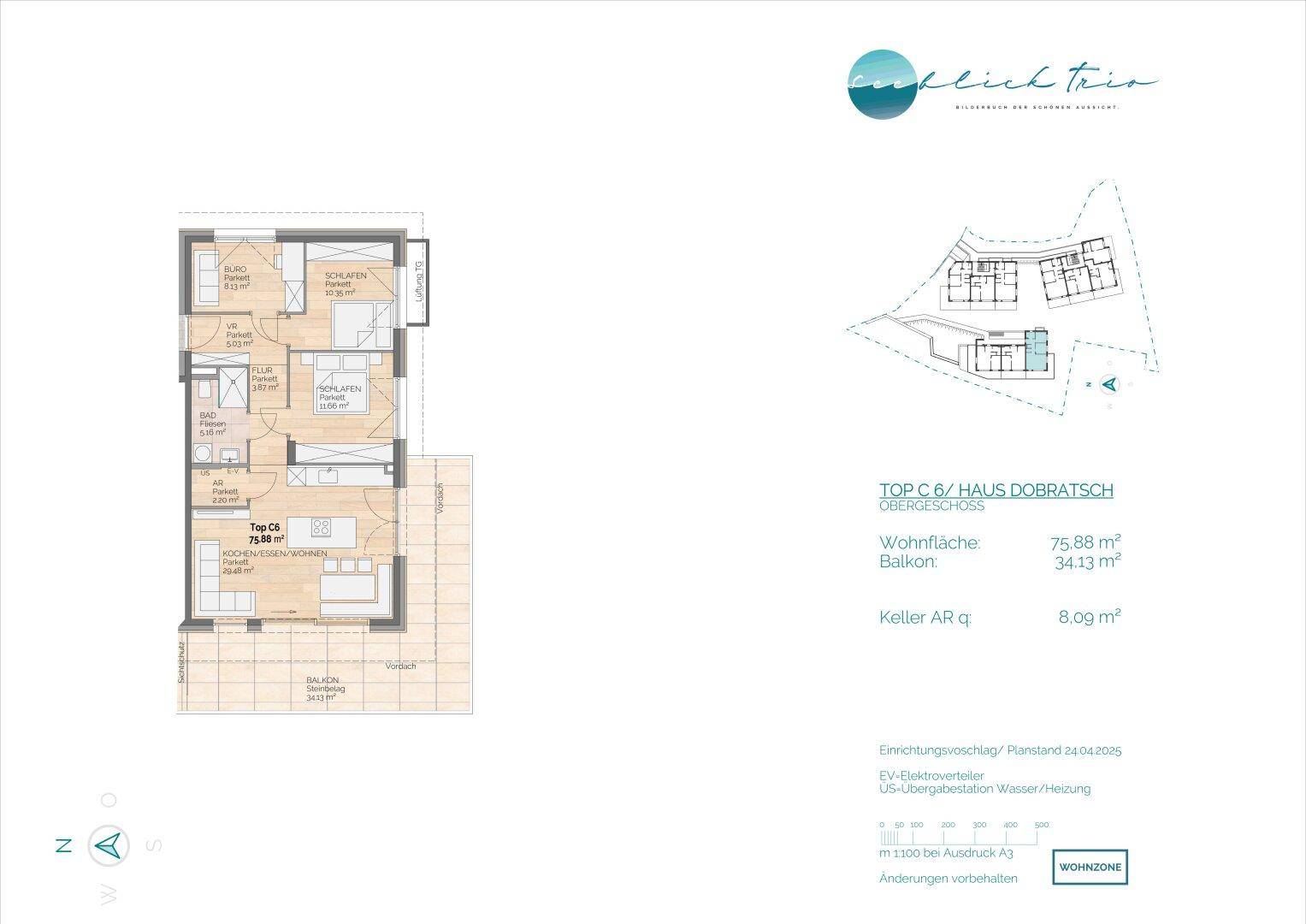 Grundriss für eine Wohnung im Obergeschoss mit Balkon und detaillierter Raumaufteilung.