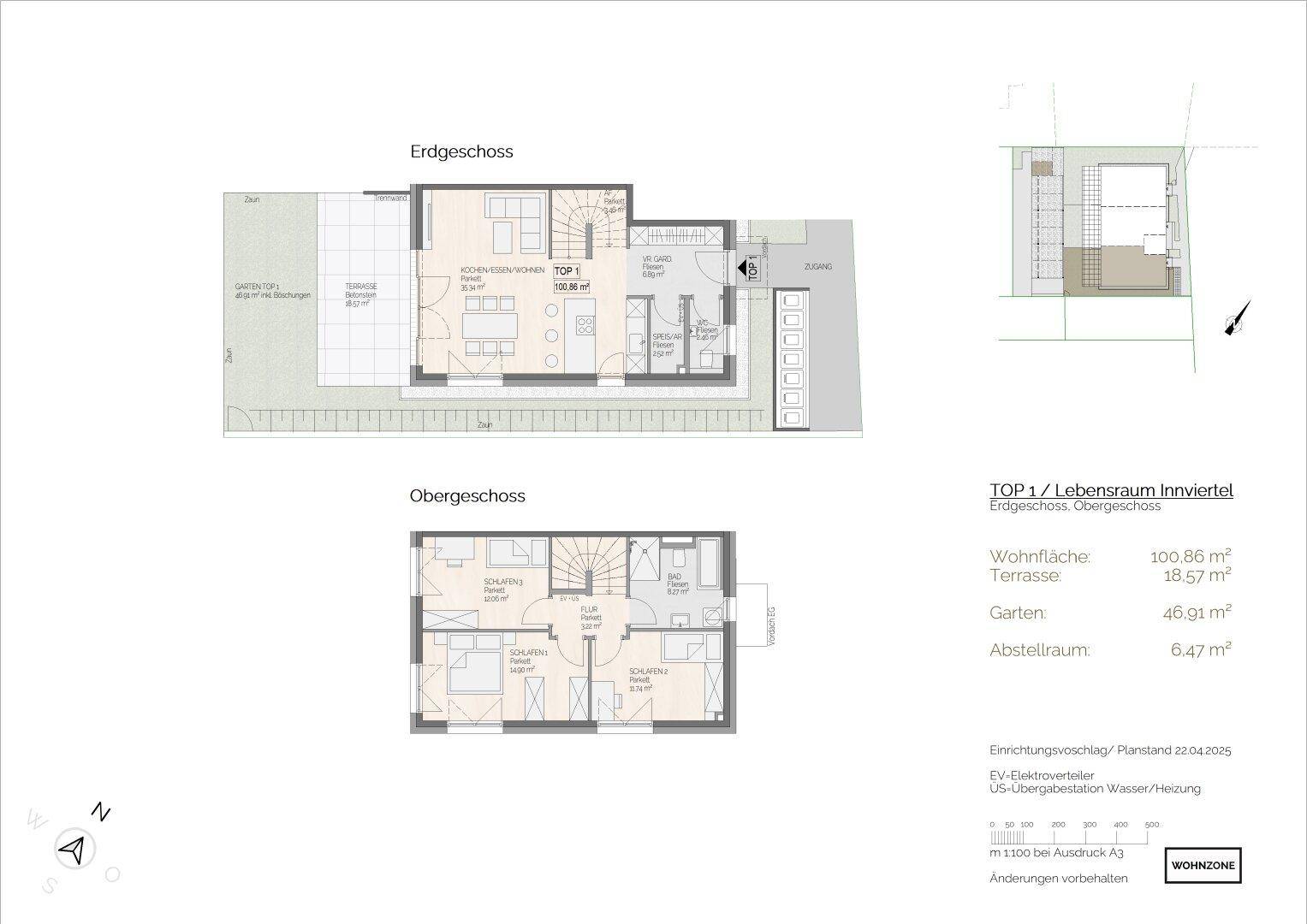 Grundriss der Wohneinheit TOP 1 mit Erdgeschoss und Obergeschoss, inklusive Terrasse und Garten.