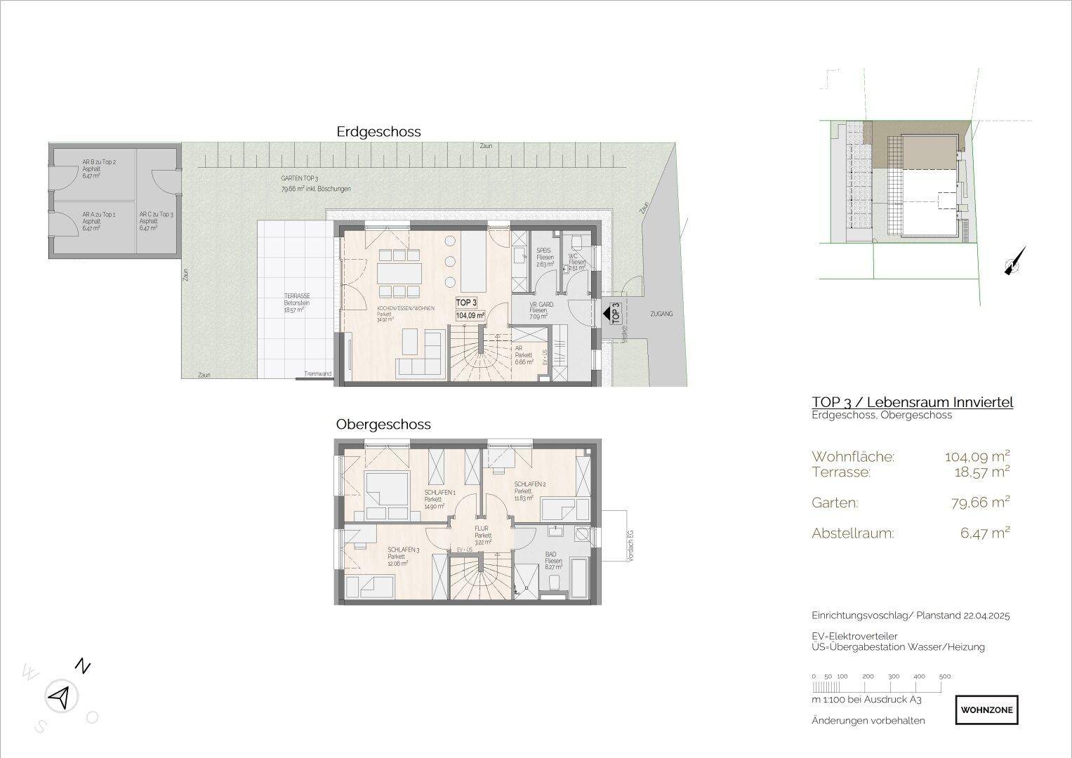 Grundriss der Erd- und Obergeschosse mit offenem Wohnbereich, Terrasse und Garten.
