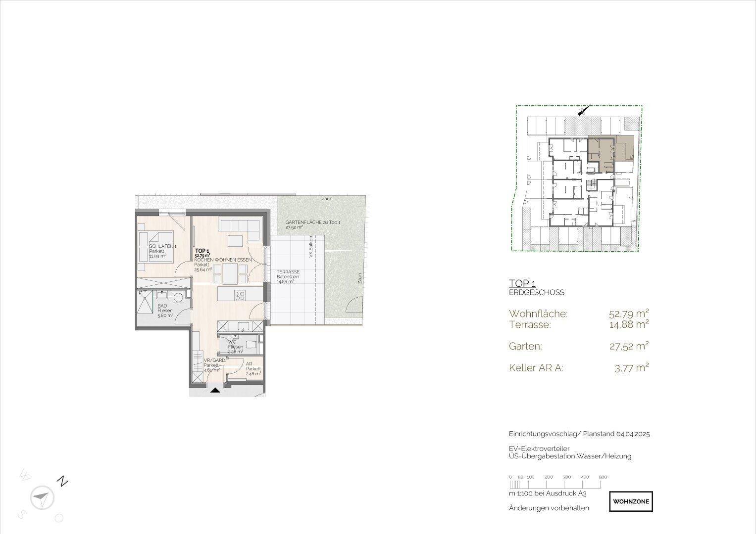 Grundriss für eine Erdgeschosswohnung mit offenem Wohnbereich, Terrasse und Garten.