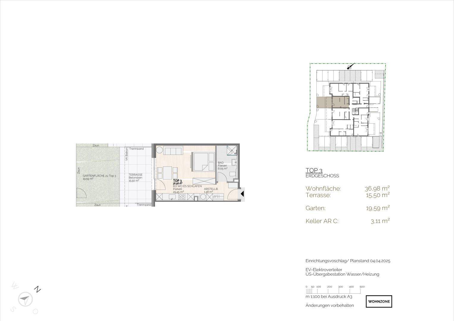Grundriss für eine Erdgeschosswohnung mit Terrasse, Gartenanteil und offenem Wohnbereich.