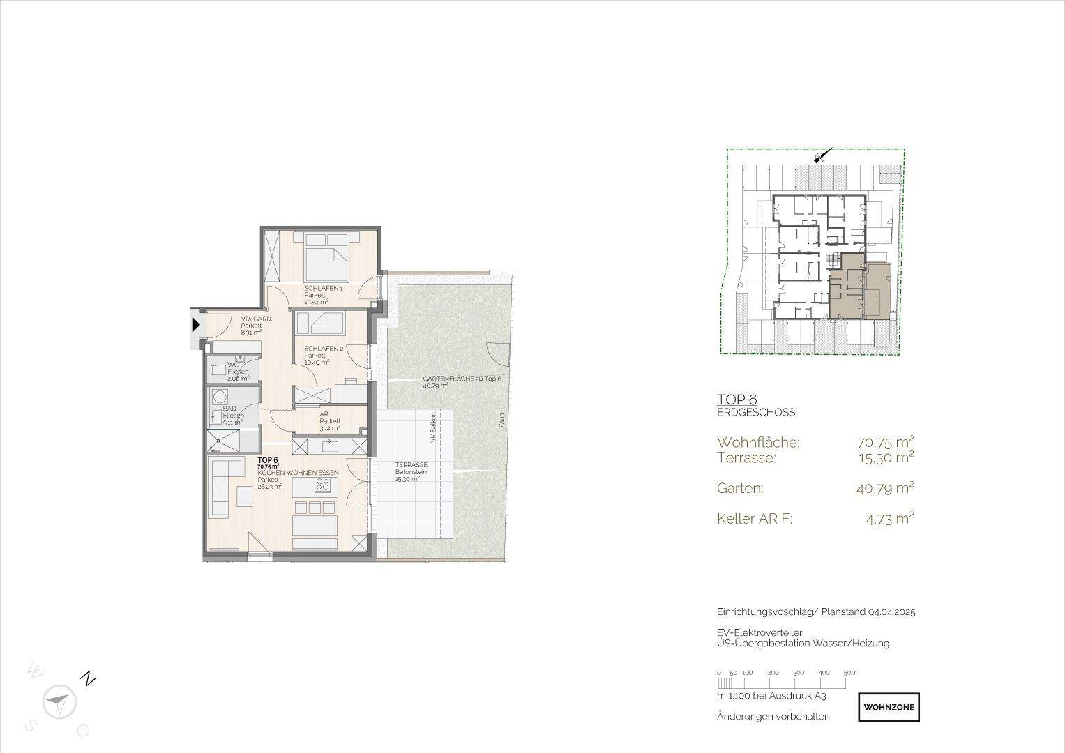 Grundriss der Erdgeschosswohnung Top 6 mit drei Schlafzimmern, Terrasse und Gartenanteil.