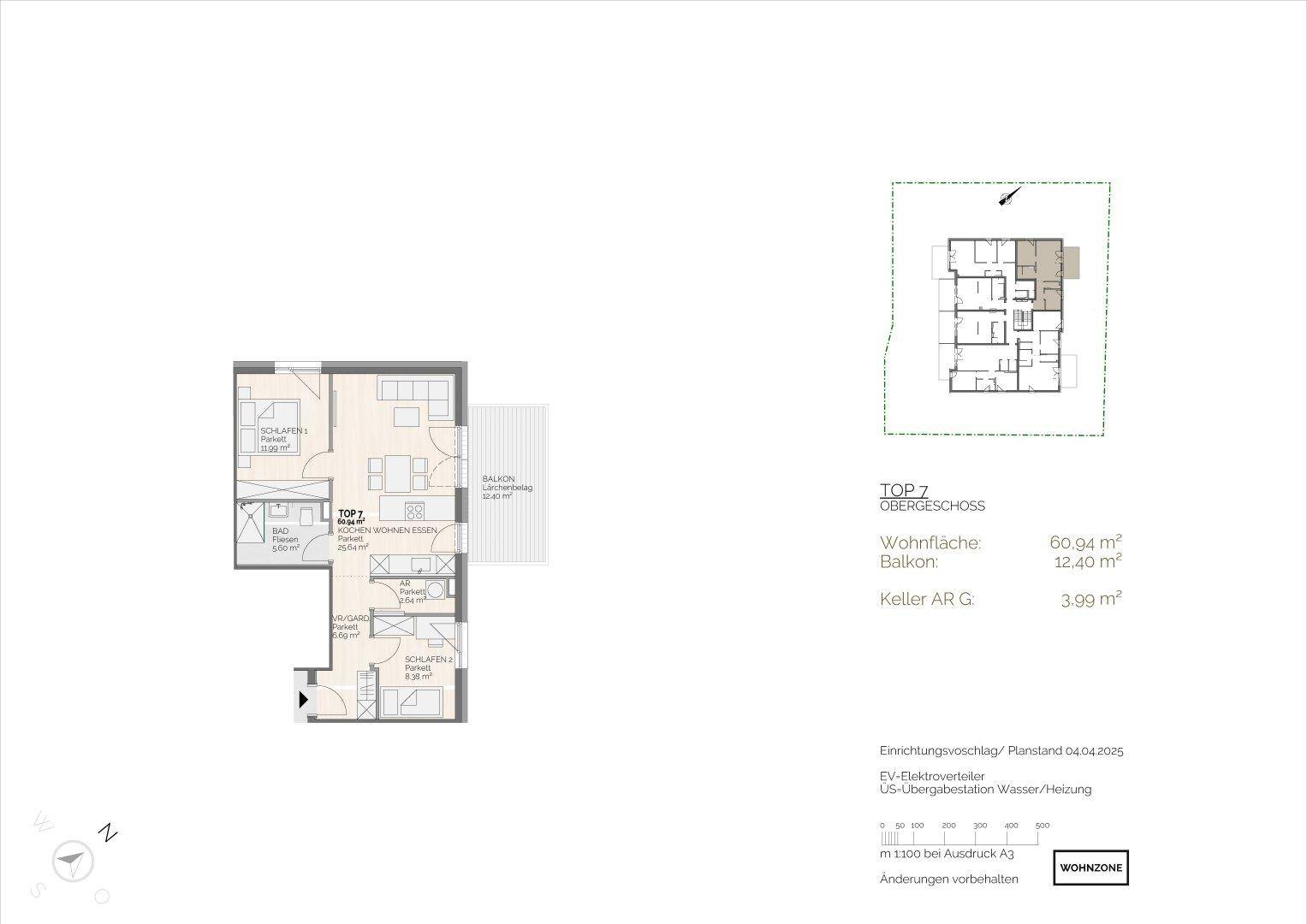 Grundriss der Wohnung TOP 7 im Obergeschoss mit Wohn-Essbereich, Schlafzimmern und Balkon.