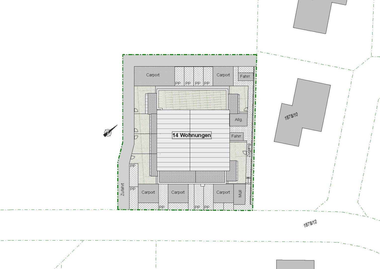 Lageplan des Grundstücks mit dem geplanten Gebäude, Carports und Zufahrtswegen.