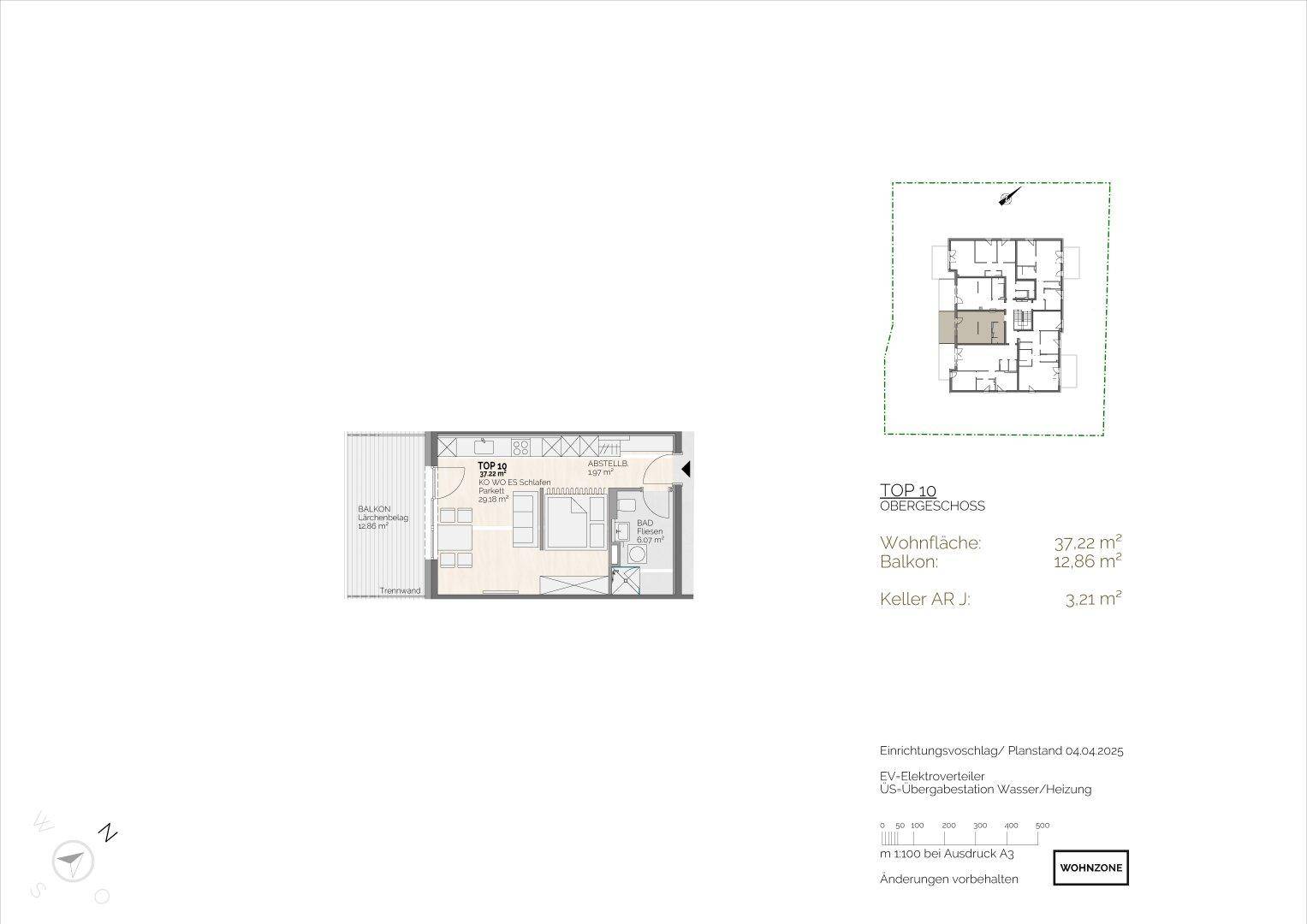Detaillierter Grundriss einer Obergeschosswohnung mit Balkon und separatem Kellerabteil.