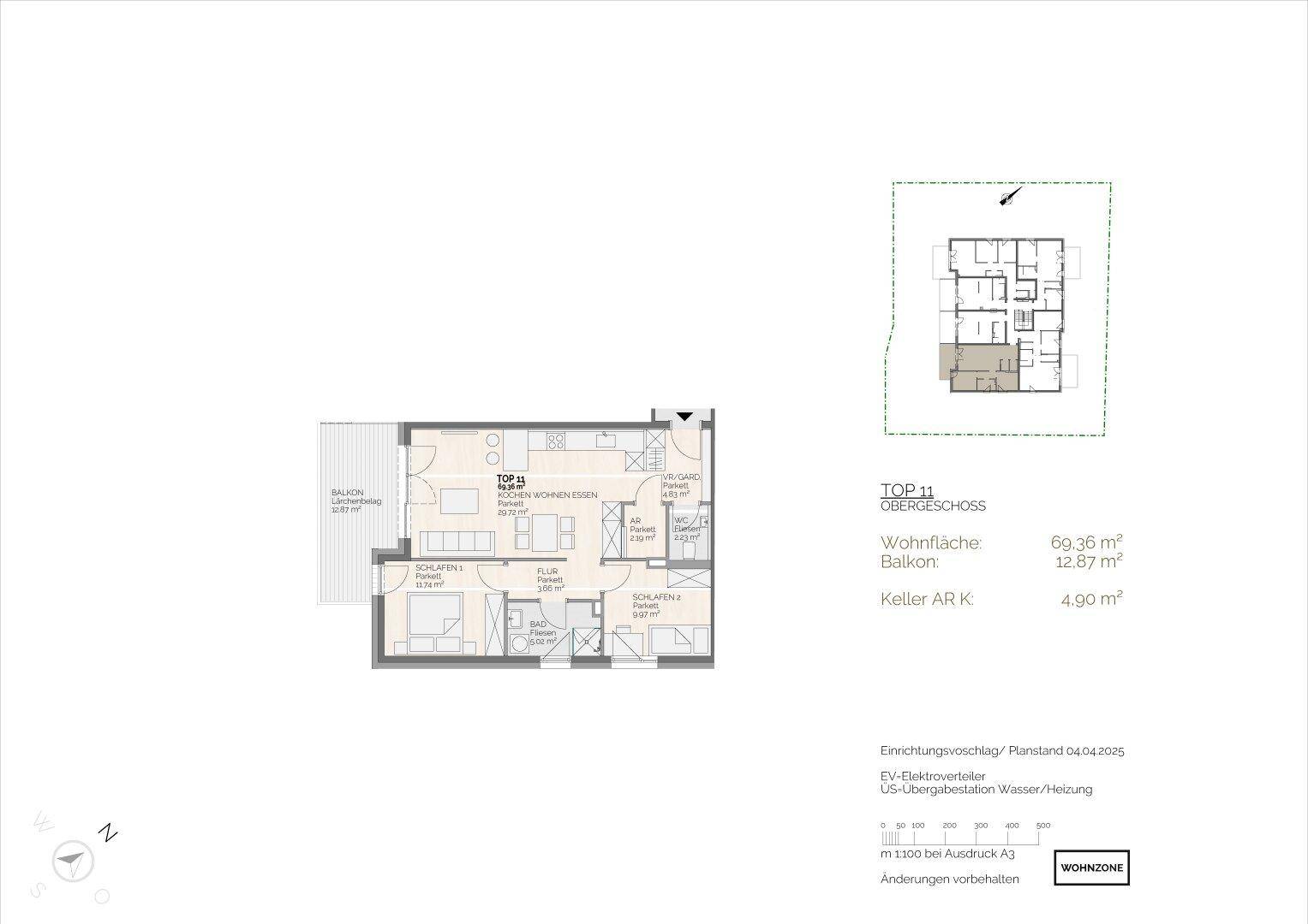 Grundriss der Wohnung TOP 11 im Obergeschoss mit offenem Wohnbereich und Balkon.