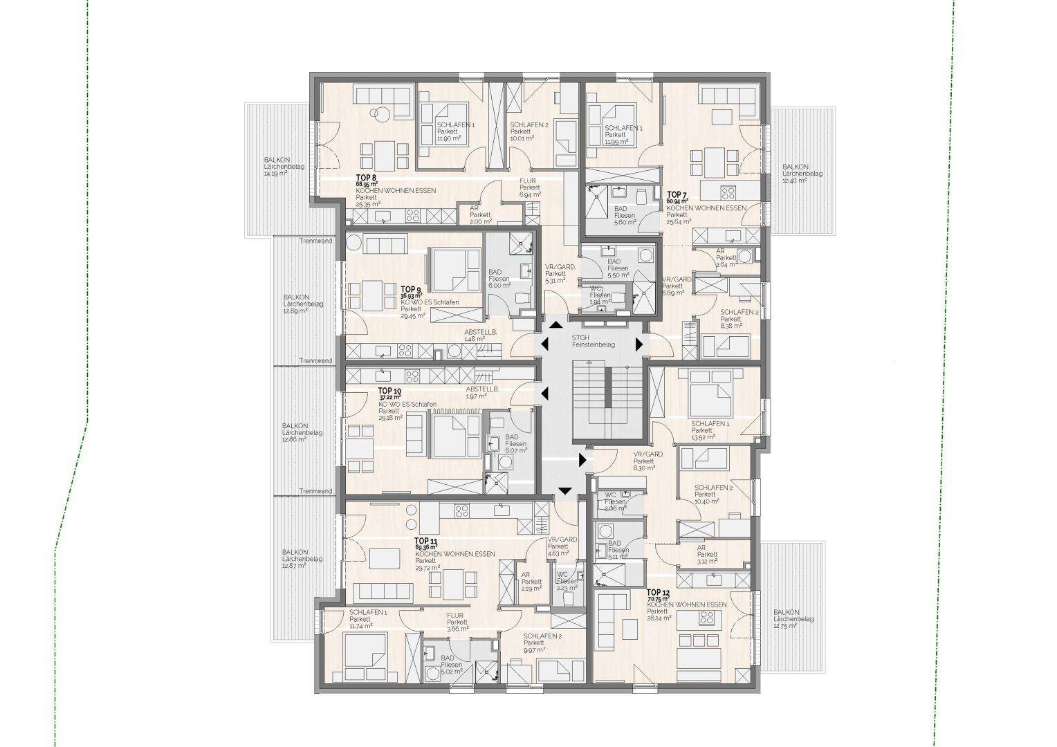 Gesamtgrundriss eines Obergeschosses mit mehreren Wohneinheiten und Balkonen/Terrassen.