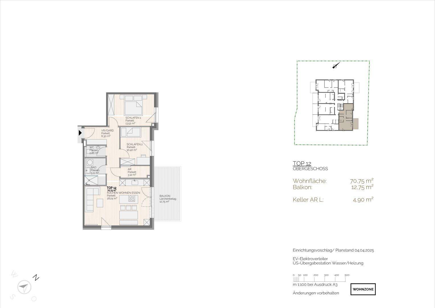 Grundriss einer Wohnung im Obergeschoss mit drei Schlafzimmern und einem Balkon.