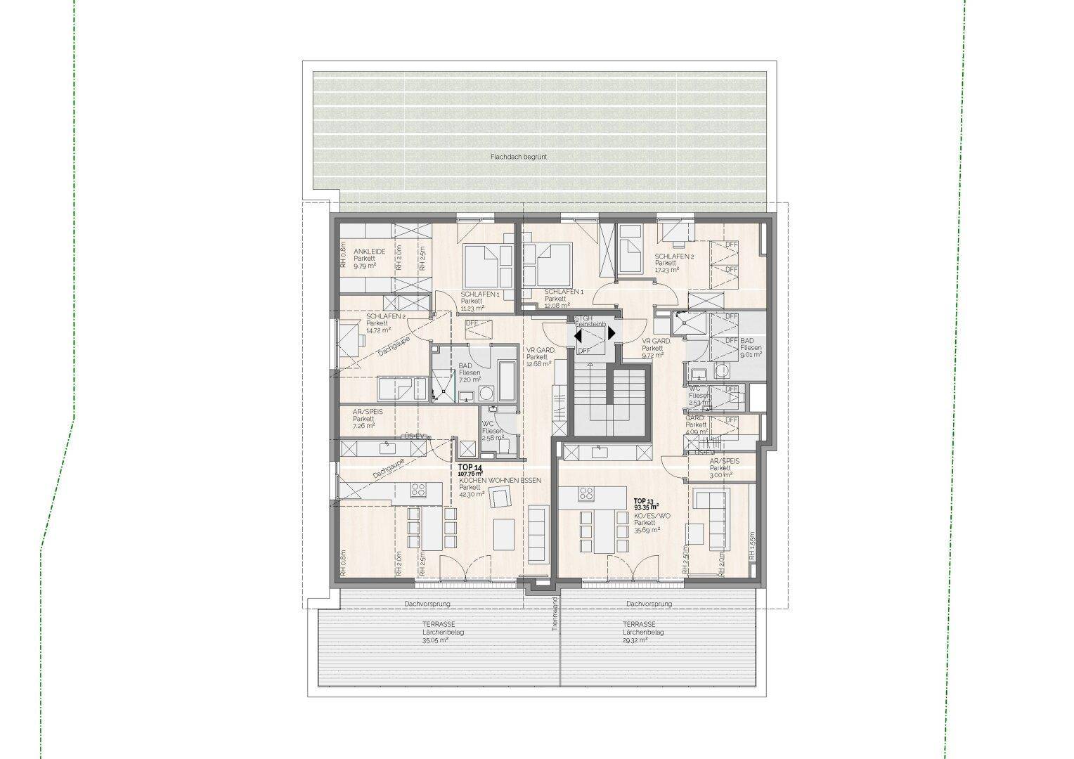 Detaillierter Grundriss einer Etage mit mehreren Wohnungen und Terrassenzugang.