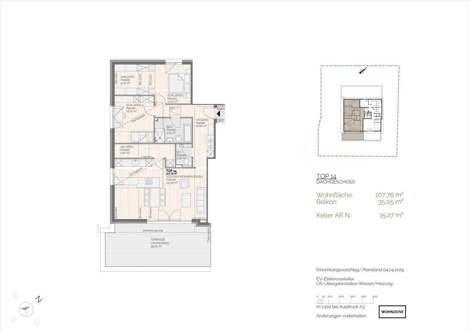 Grundriss der Dachgeschosswohnung TOP 14 mit offenem Wohnbereich und großer Terrasse.