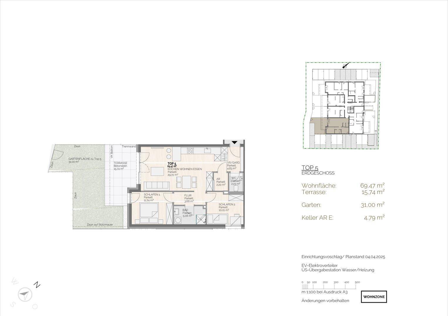 Grundriss der Erdgeschosswohnung mit offenem Wohnbereich, Schlafzimmern, Terrasse und Gartenanteil.