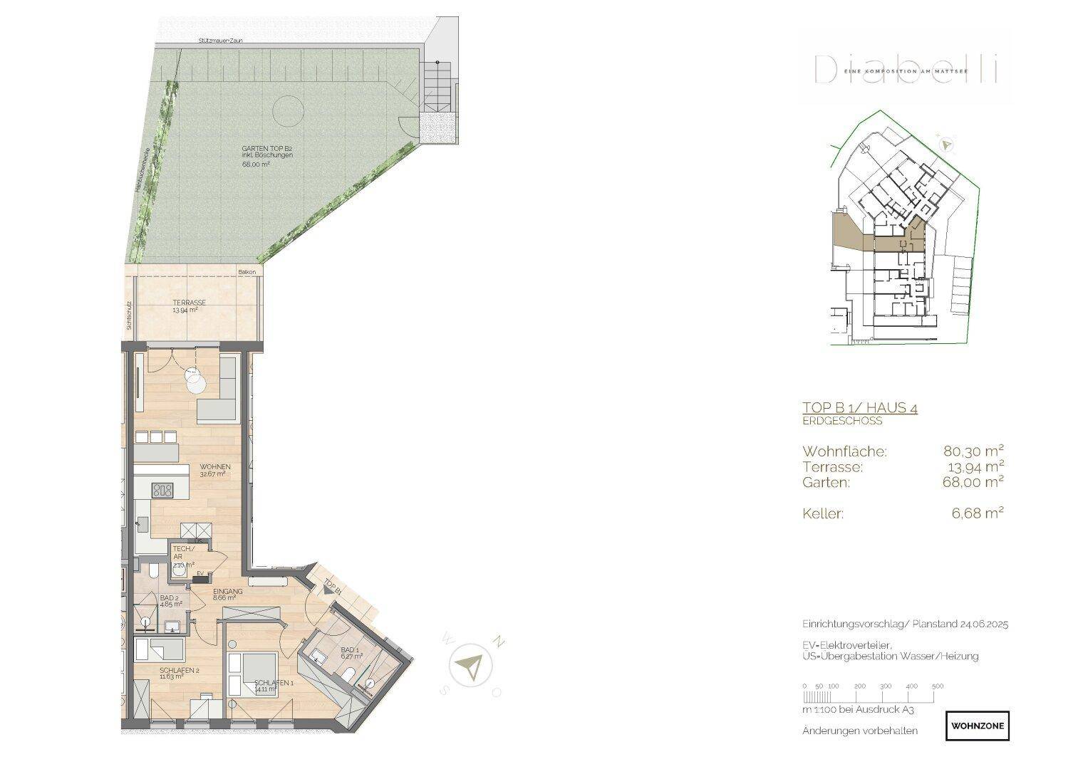 Grundriss einer Erdgeschosswohnung mit offenem Wohnbereich, Terrasse und großem Garten.