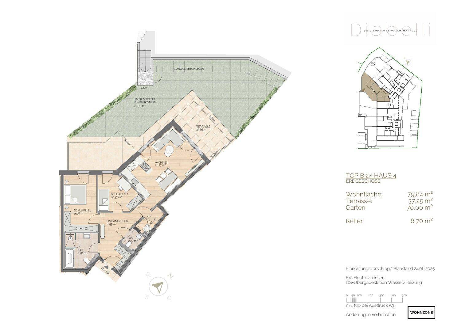 Grundriss einer Erdgeschosswohnung mit offenem Wohnbereich, Terrasse und Gartenanteil.