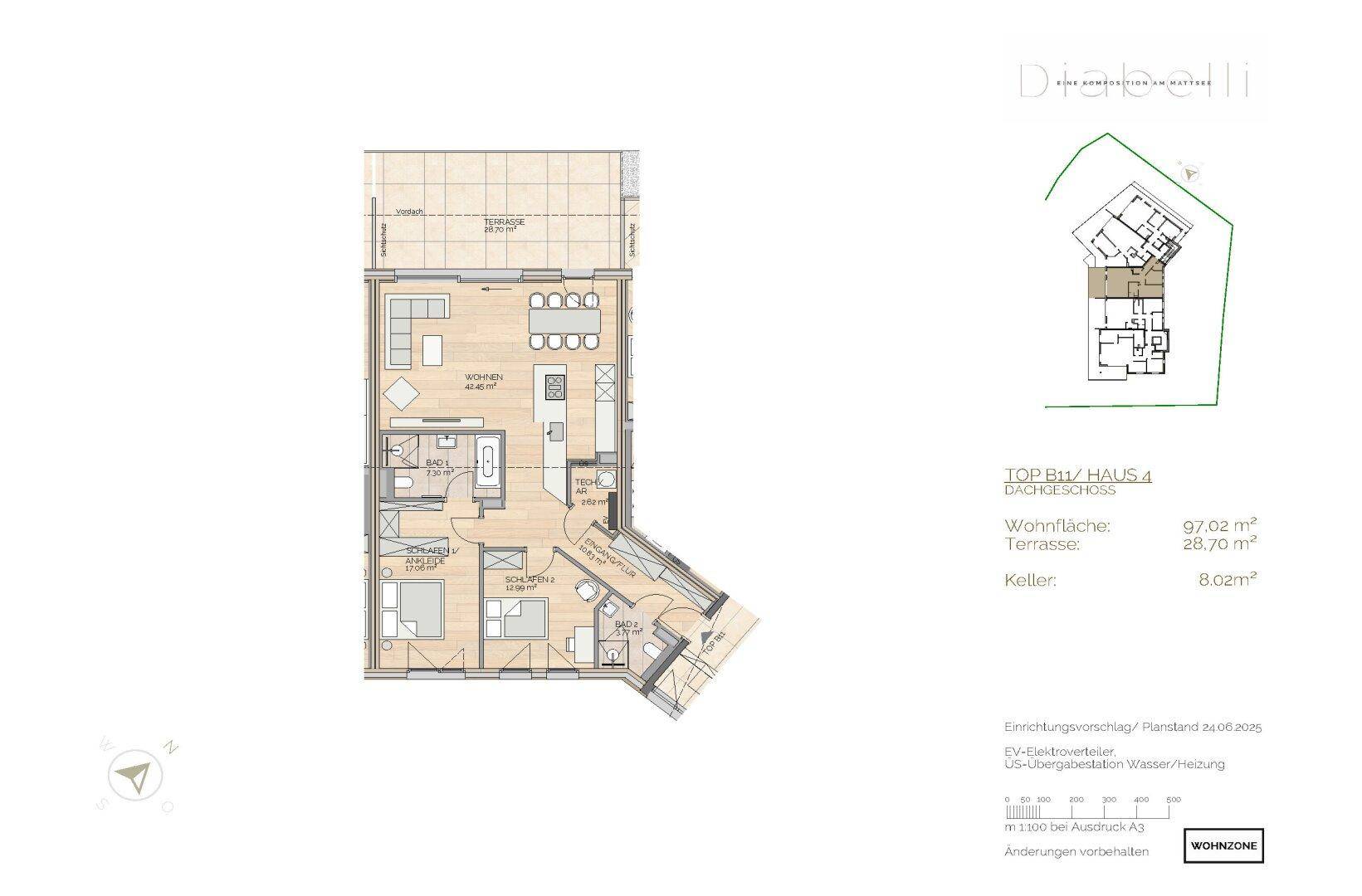 Grundriss einer Dachgeschosswohnung mit offener Wohnküche, zwei Schlafzimmern und großer Terrasse.