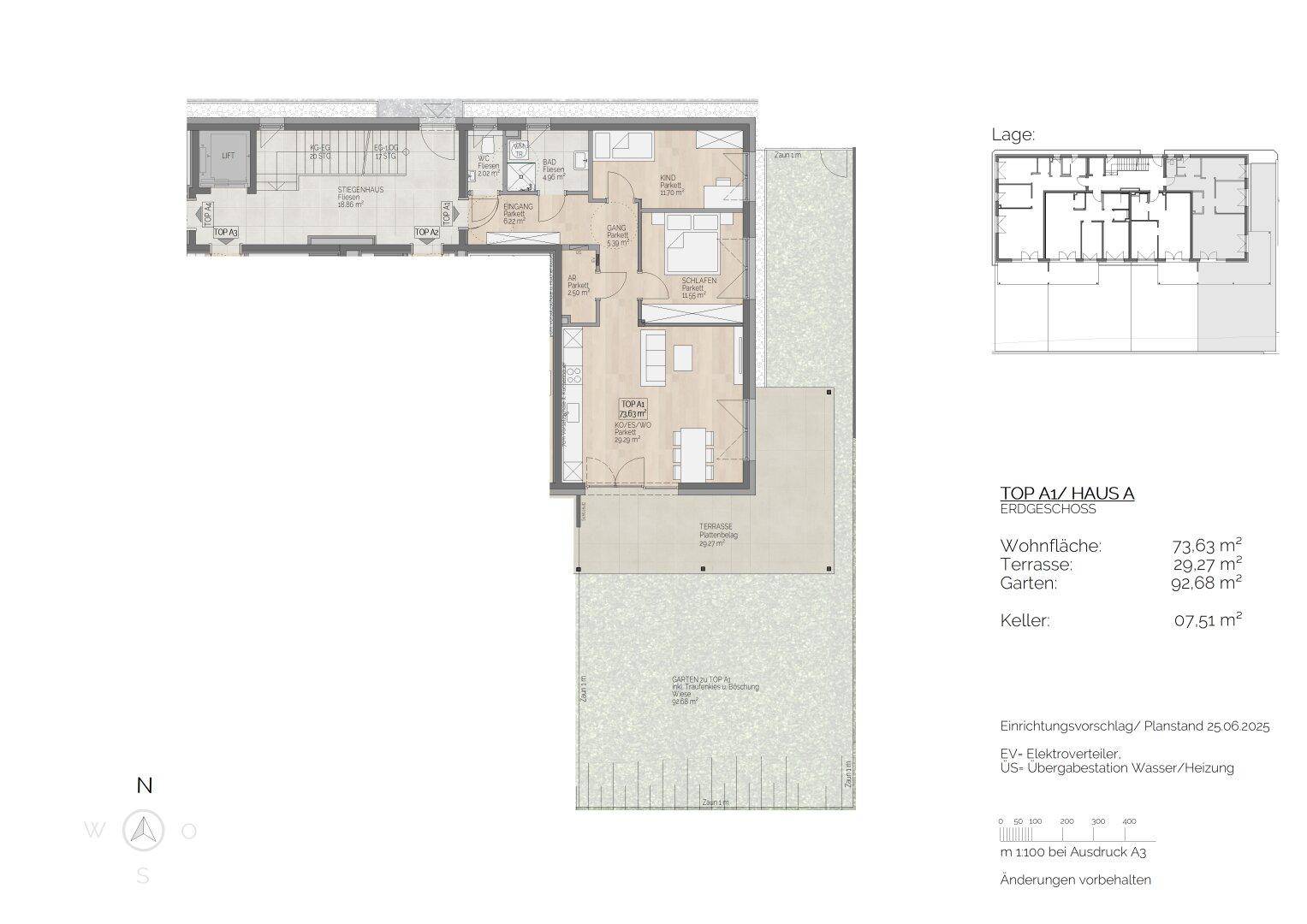 Grundriss des Erdgeschosses mit offenem Wohnbereich, Terrasse und privatem Garten.