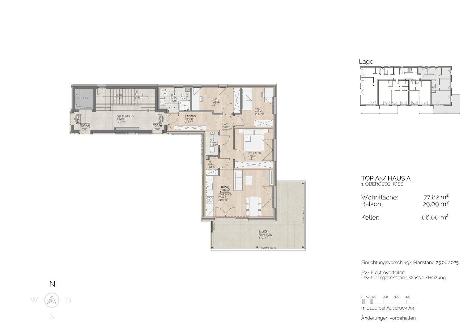 Grundriss der Wohnung TOP A6 im ersten Obergeschoss mit großem Balkon und effizienter Raumaufteilung.