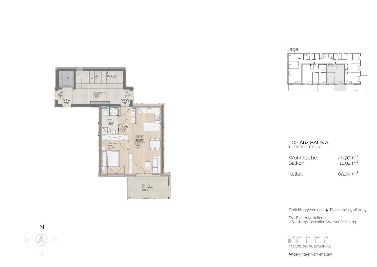 Grundriss der Wohnung TOP A6 im ersten Obergeschoss mit Balkon und Kellerabteil.
