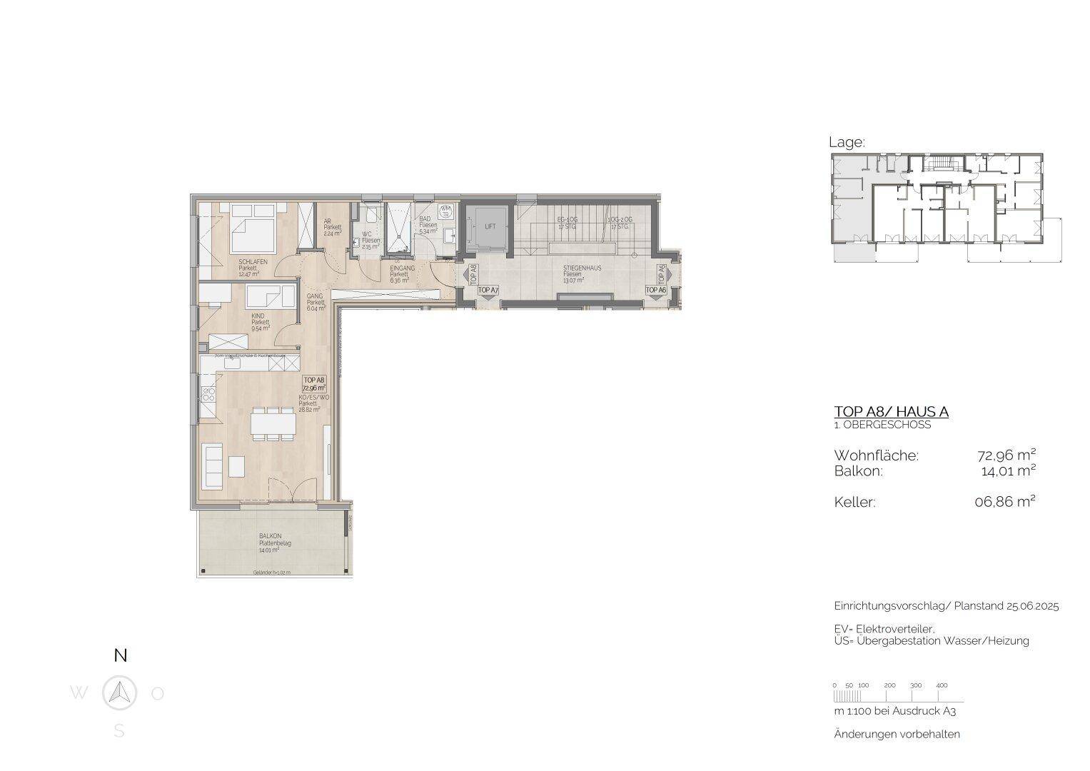 Detaillierter Grundriss einer Wohnung im Obergeschoss mit Balkon und Kellerabteil.