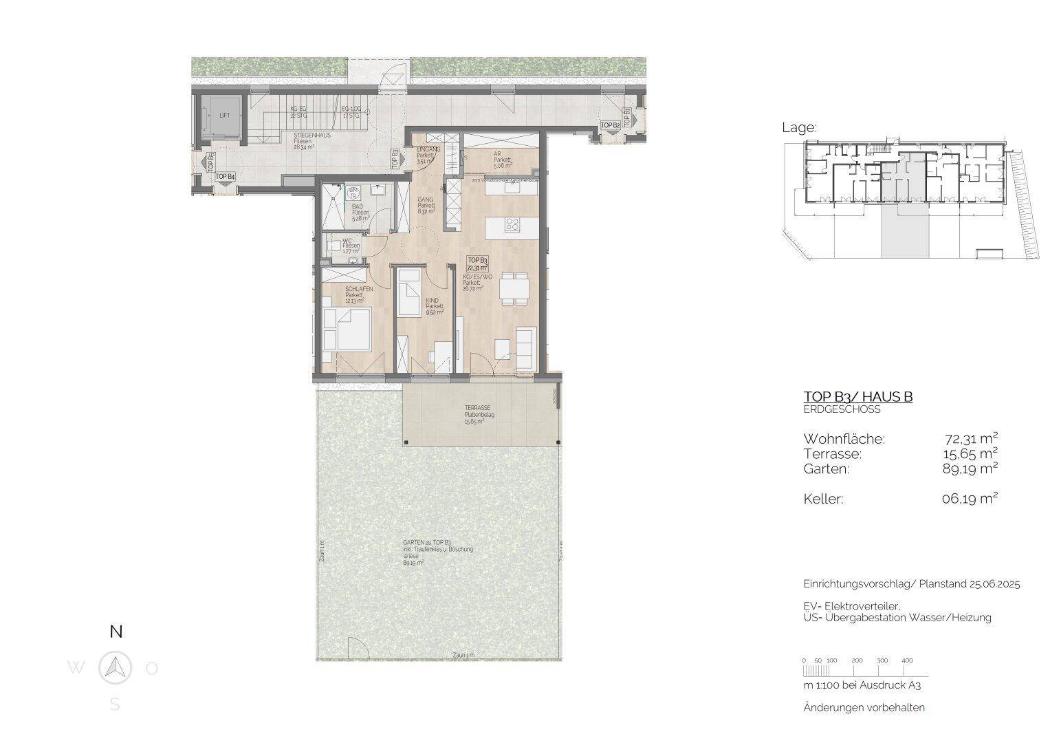 Grundriss einer Erdgeschosswohnung mit offenem Wohnbereich, zwei Schlafzimmern, zwei Bädern, Terrasse und großem Garten.