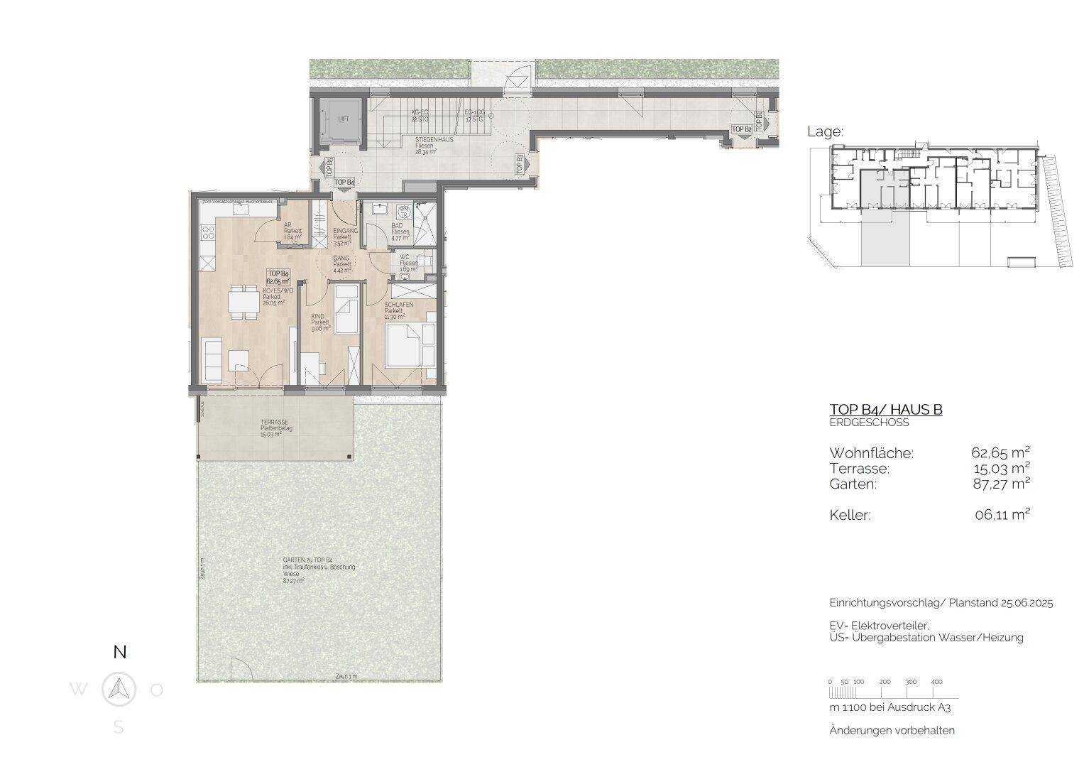 Grundriss einer Erdgeschosswohnung mit offener Wohnküche, großer Terrasse und privatem Gartenanteil.