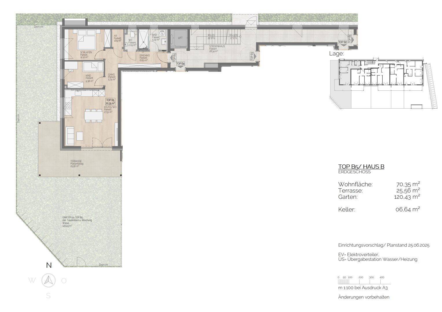 Grundriss der Erdgeschosswohnung mit offenem Wohnbereich, großer Terrasse und privatem Garten.