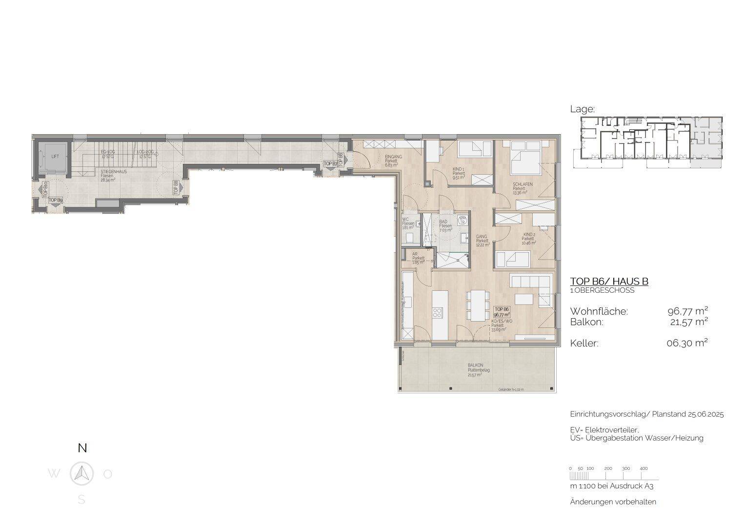 Detaillierter Grundriss einer Wohnung im Obergeschoss mit drei Schlafzimmern und einem großzügigen Balkon.
