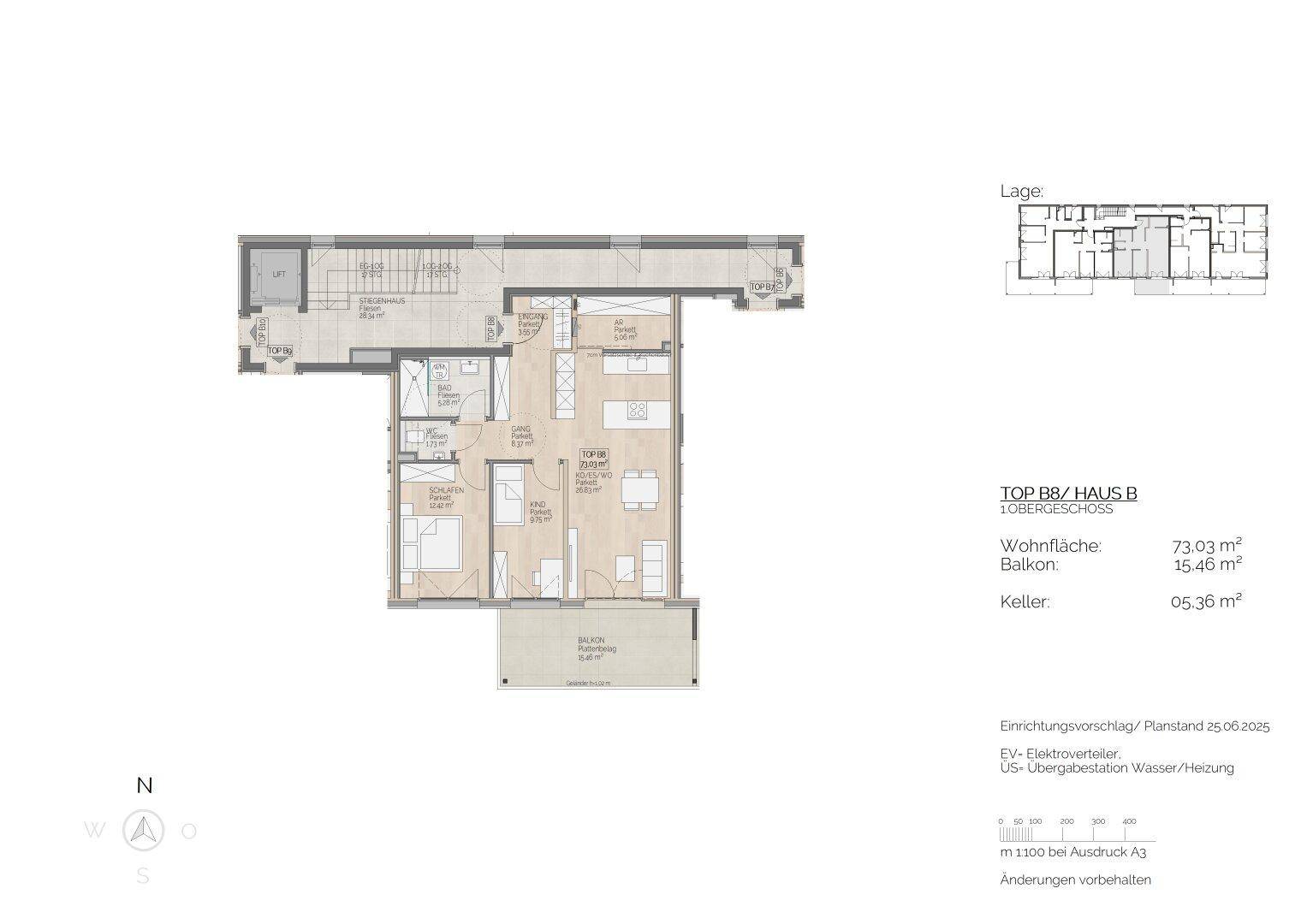Grundriss einer modernen Wohnung im Obergeschoss mit offenem Wohnbereich, zwei Schlafzimmern und großem Balkon.