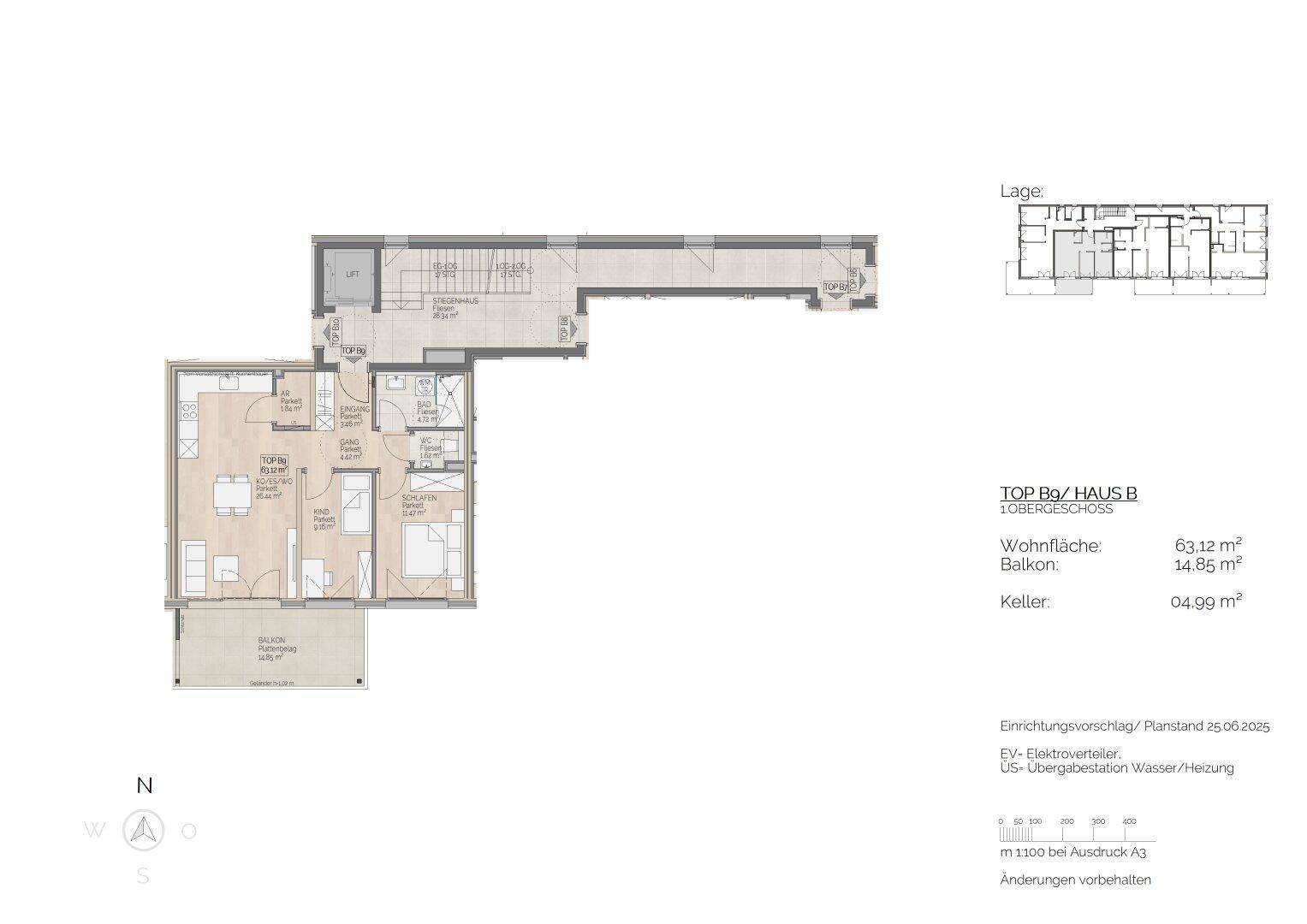 Grundriss einer Wohnung im Obergeschoss mit Balkon, Bad, separatem WC und Kellerabteil.