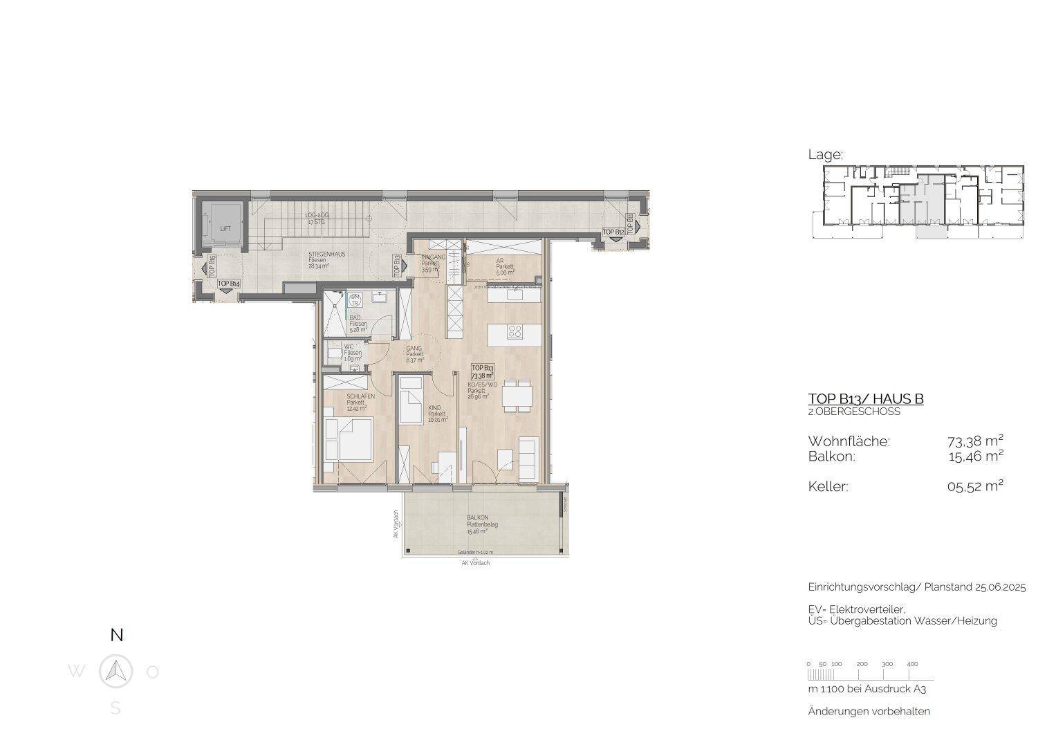 Grundriss einer Wohnung im zweiten Obergeschoss mit offenem Wohnbereich, zwei Schlafzimmern und Balkon.