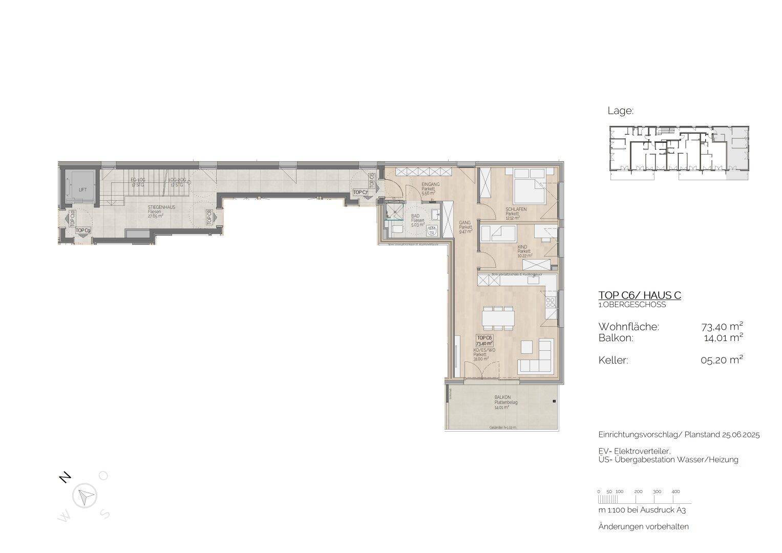 Grundriss einer Wohnung im Obergeschoss mit Balkon und separatem Kellerabteil.