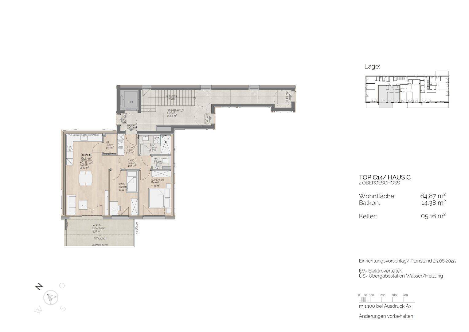 Grundriss einer modernen Obergeschosswohnung mit offenem Wohnbereich, Balkon, einem Schlafzimmer und Aufzugzugang.