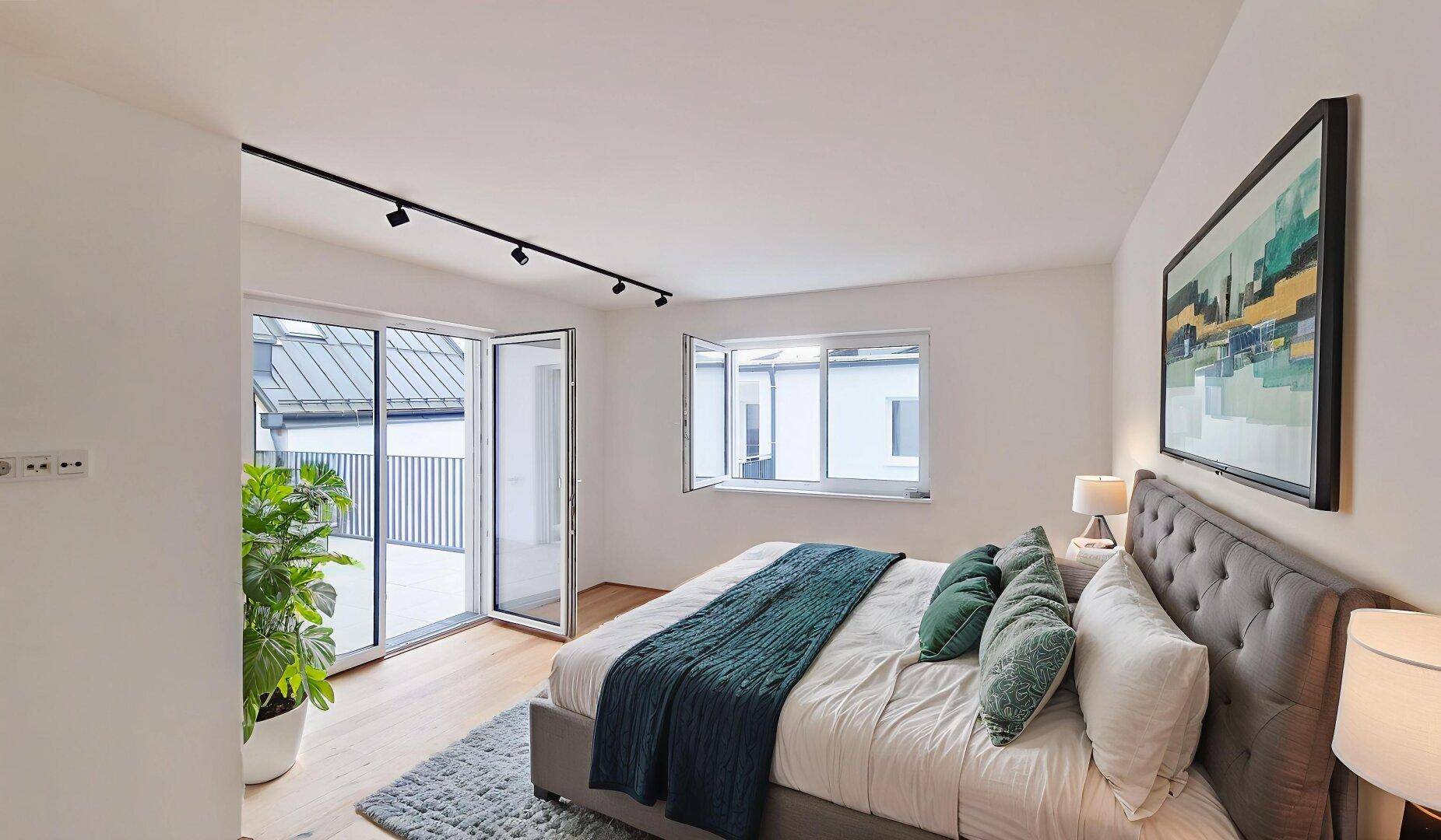Helles Schlafzimmer mit modernem Bett, Holzboden und direktem Zugang zu einem Balkon oder einer Terrasse.