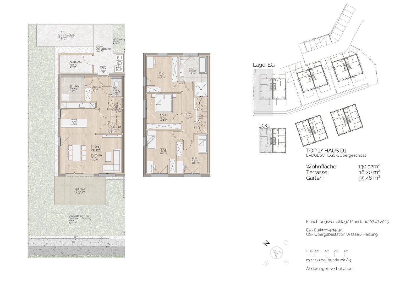 Detaillierter Grundriss eines Hauses mit Erdgeschoss und Obergeschoss, inklusive Garten und Terrasse.