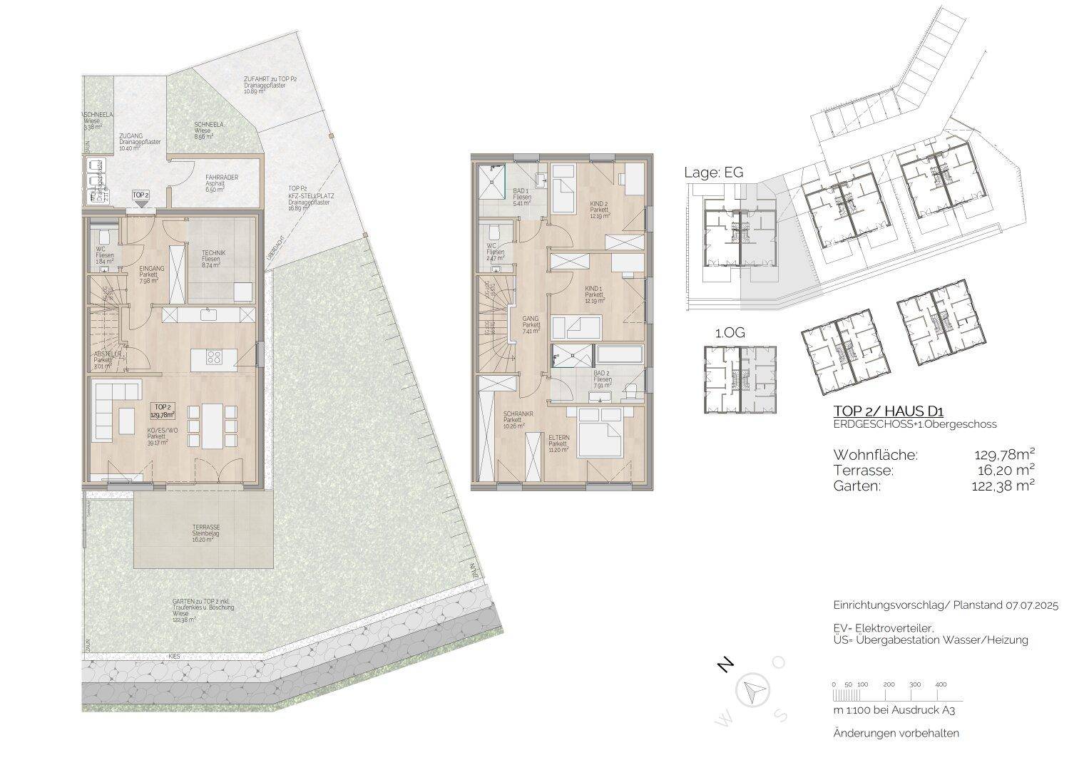 Grundriss einer Maisonette-Wohnung mit offenem Wohnbereich, Terrasse, Garten und Obergeschoss.