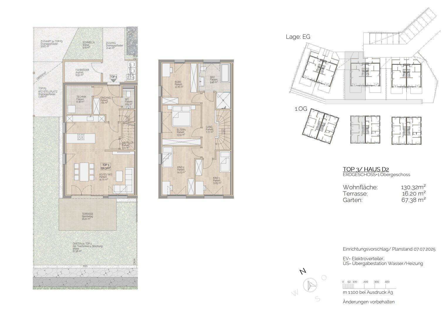 Detaillierter Grundriss für ein Haus mit Erd- und Obergeschoss, offenem Wohnbereich, Garten und Terrasse.