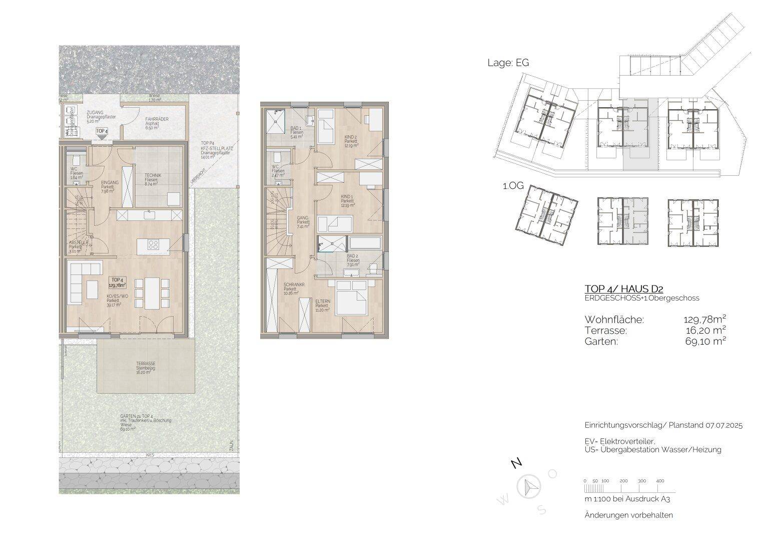Detaillierter Grundriss einer Wohneinheit über zwei Etagen mit Garten und Terrasse.