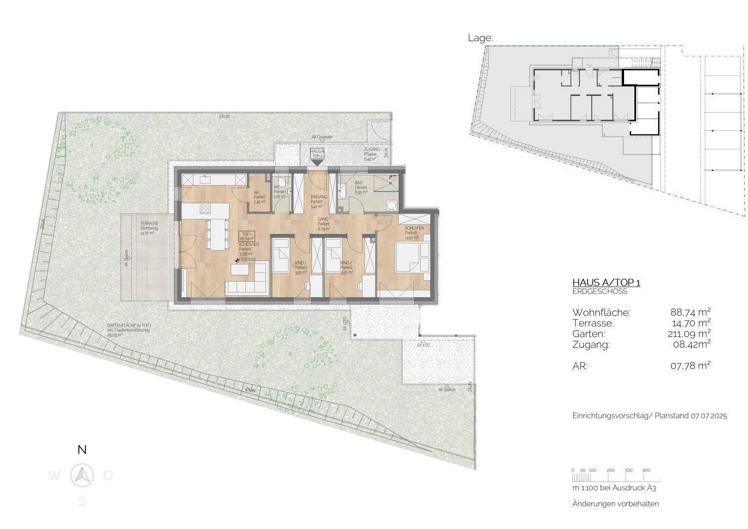Grundriss des Erdgeschosses mit offenem Wohnbereich, Terrasse und Gartenanteil.