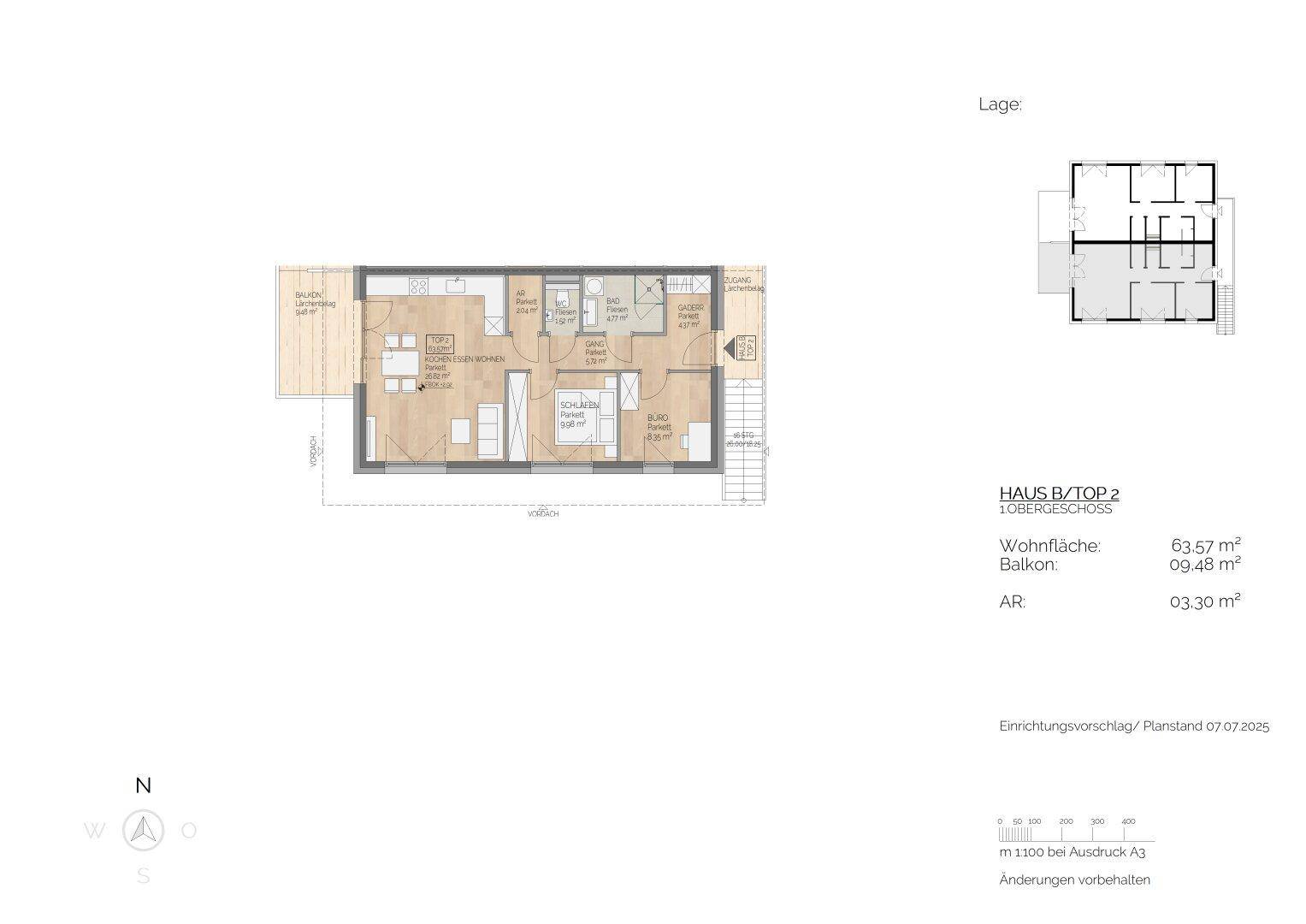 Grundrissplan für eine Wohnung im Obergeschoss mit Balkon und offener Wohnküche.