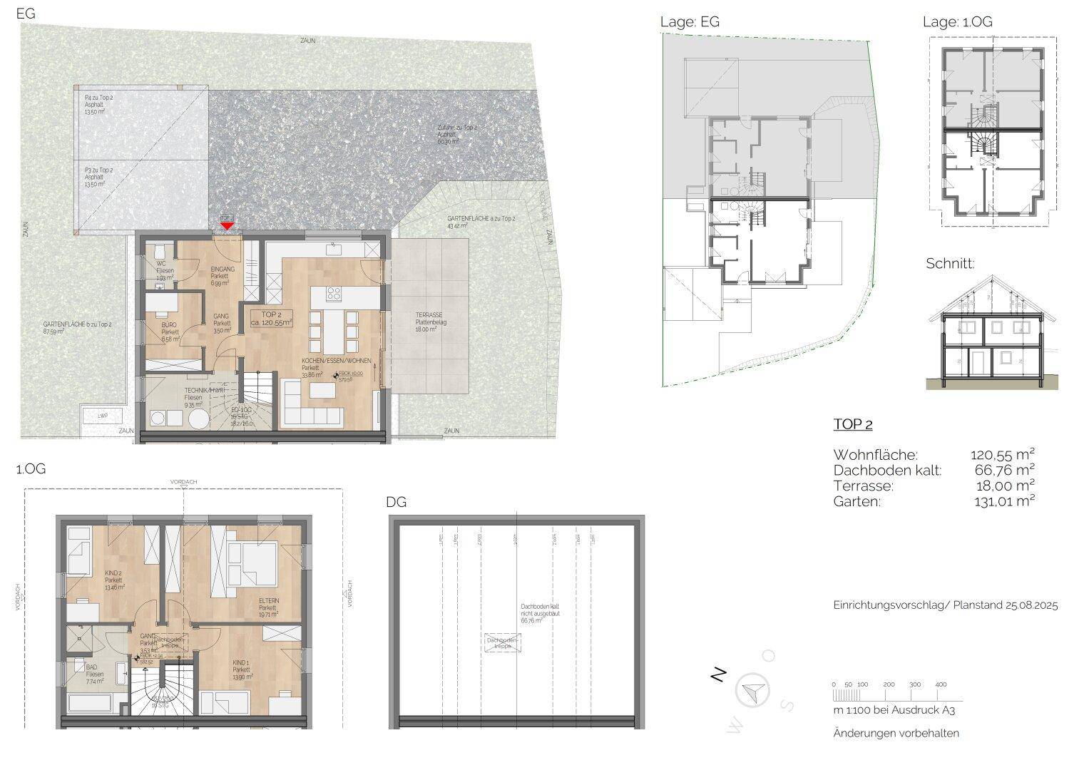 Detaillierter Grundriss mit Erdgeschoss, Obergeschoss und Dachgeschoss, inklusive Terrassen- und Gartenflächen.