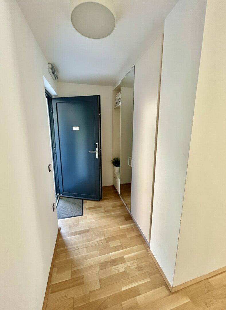 Heller Eingangsbereich mit Parkettboden und einem praktischen, integrierten Spiegelschrank für zusätzlichen Stauraum.
