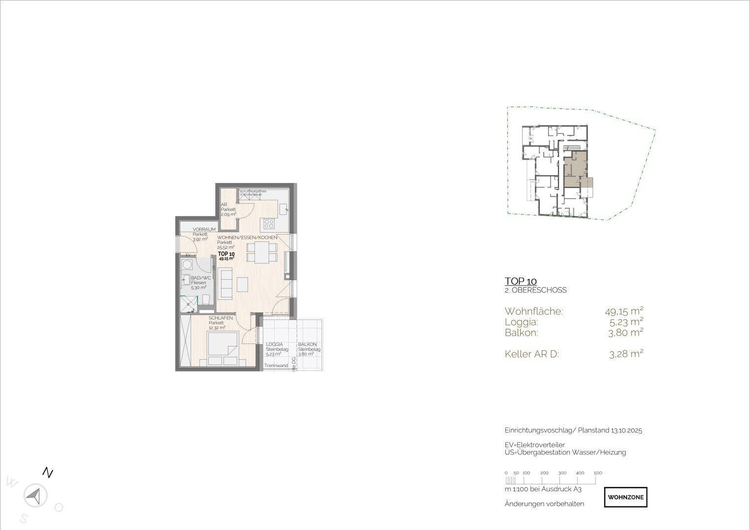 Grundriss der Wohnung TOP 10 im 2. Obergeschoss mit Wohnfläche, Loggia und Balkon.