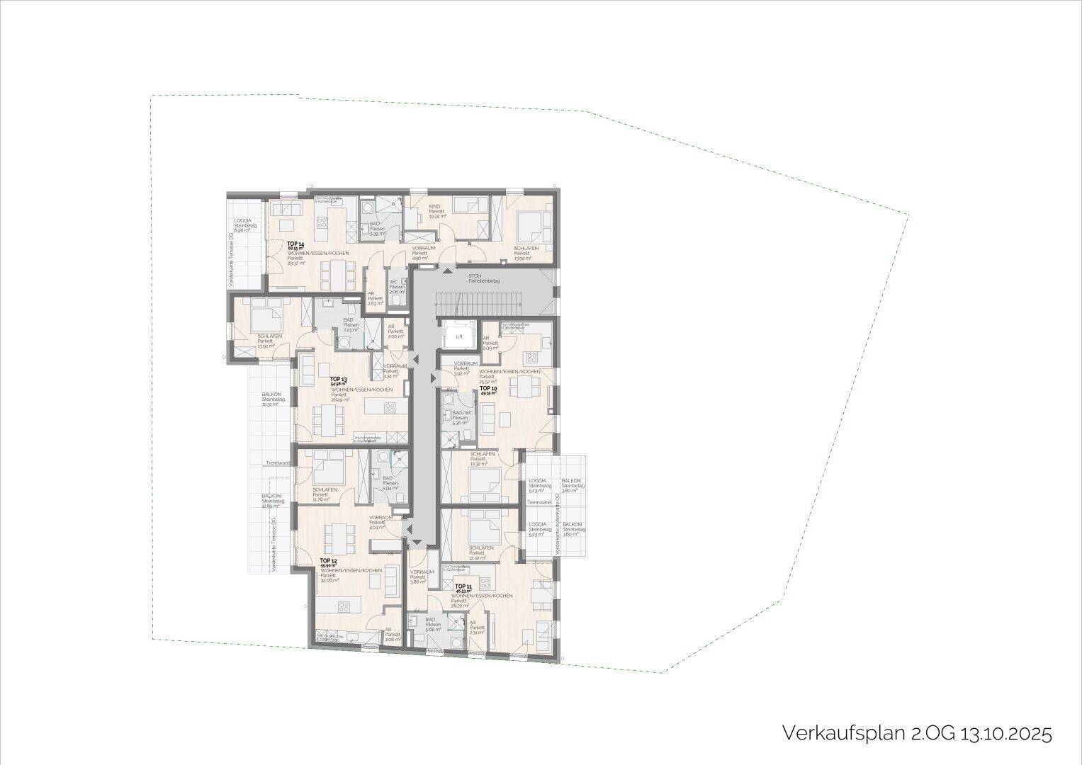 Verkaufsplan des 2. Obergeschosses mit mehreren Wohneinheiten und deren Grundrissen.