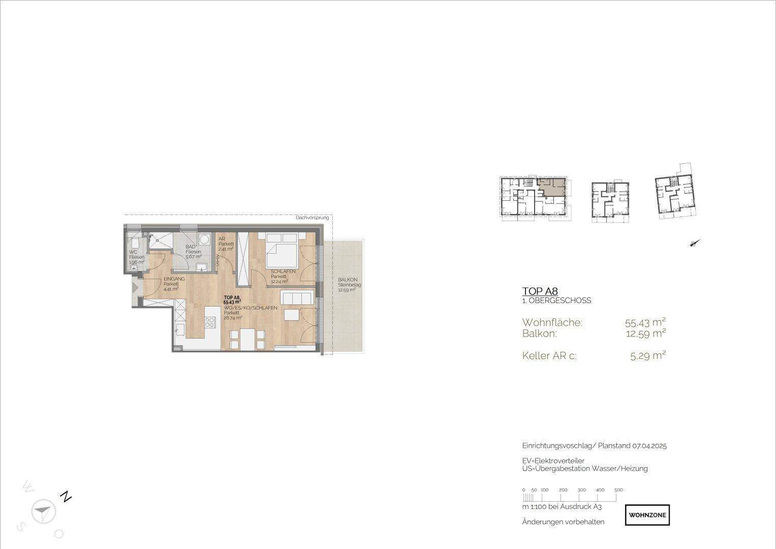 Grundriss einer Wohnung im ersten Obergeschoss mit offenem Wohnbereich und Balkon.