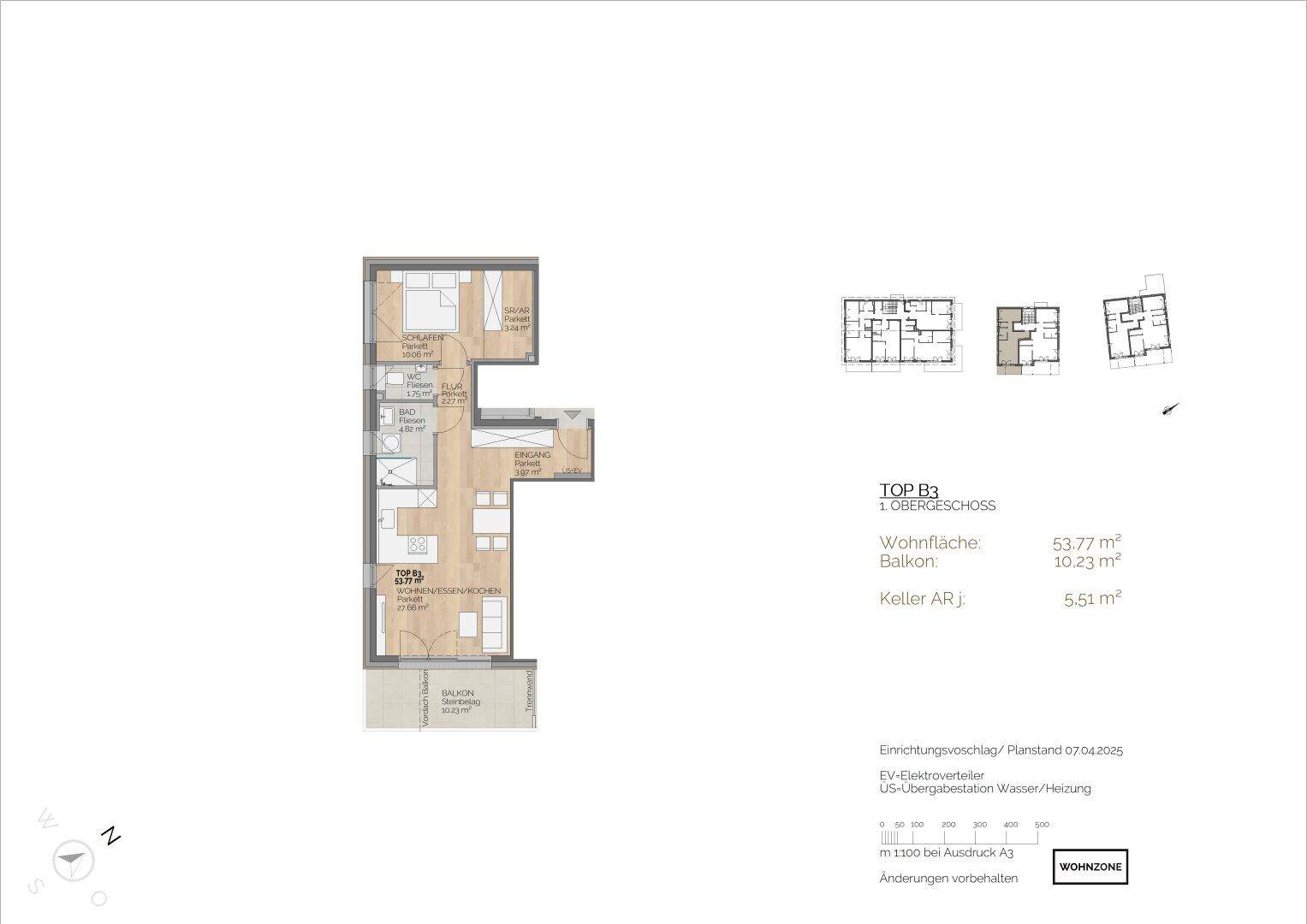 Grundriss einer Wohnung im Obergeschoss mit offenem Wohnbereich und Balkon.