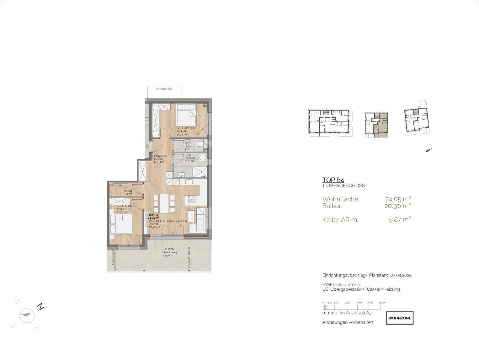 Grundrissplan einer Wohnung im Obergeschoss mit offenem Wohnbereich, zwei Schlafzimmern und Balkon.