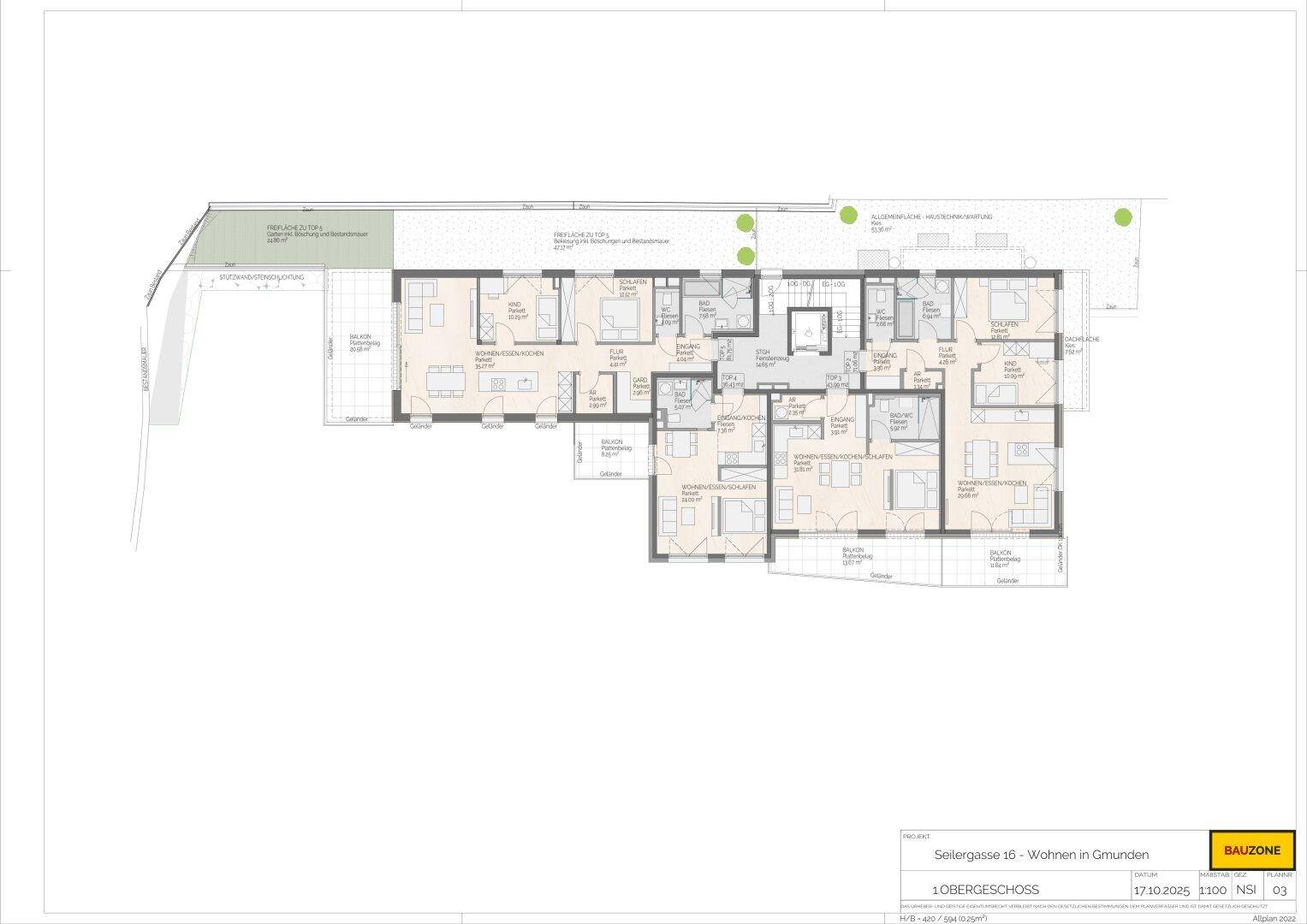 Grundriss des Obergeschosses mit mehreren Wohneinheiten, Balkonen und Terrassen.