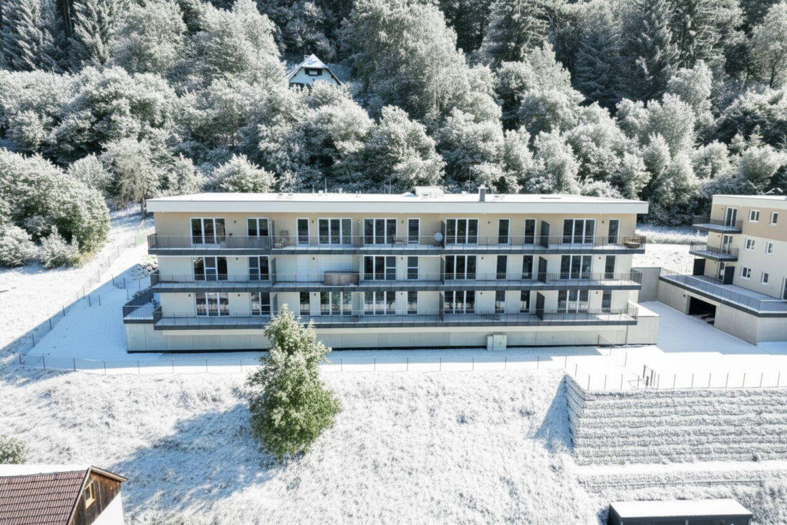 Modernes Wohngebäude im Winter mit schneebedeckter Landschaft und Wald im Hintergrund.