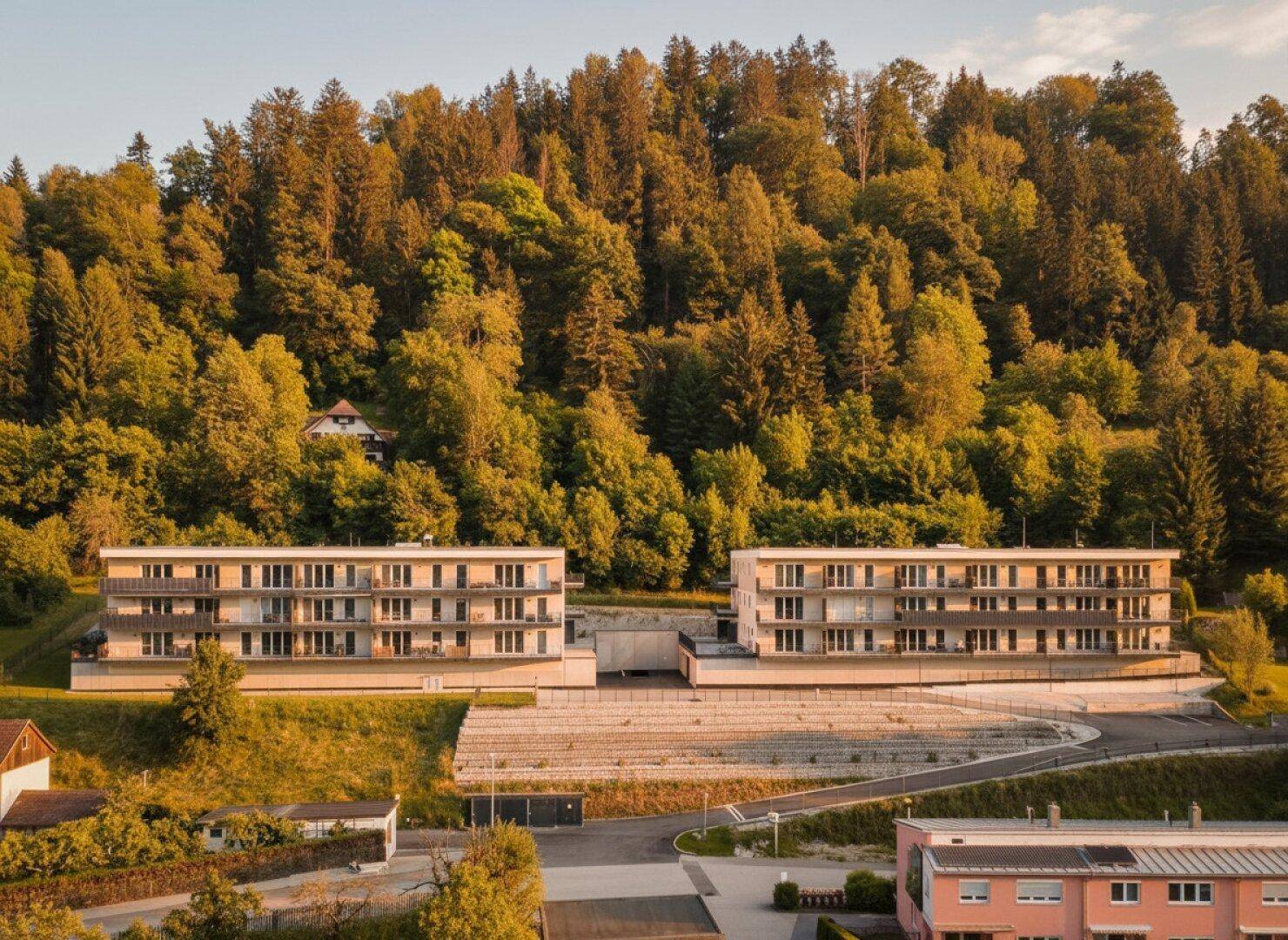 Die modernen Apartmentgebäude in der Abendsonne, umgeben von dichtem Wald.